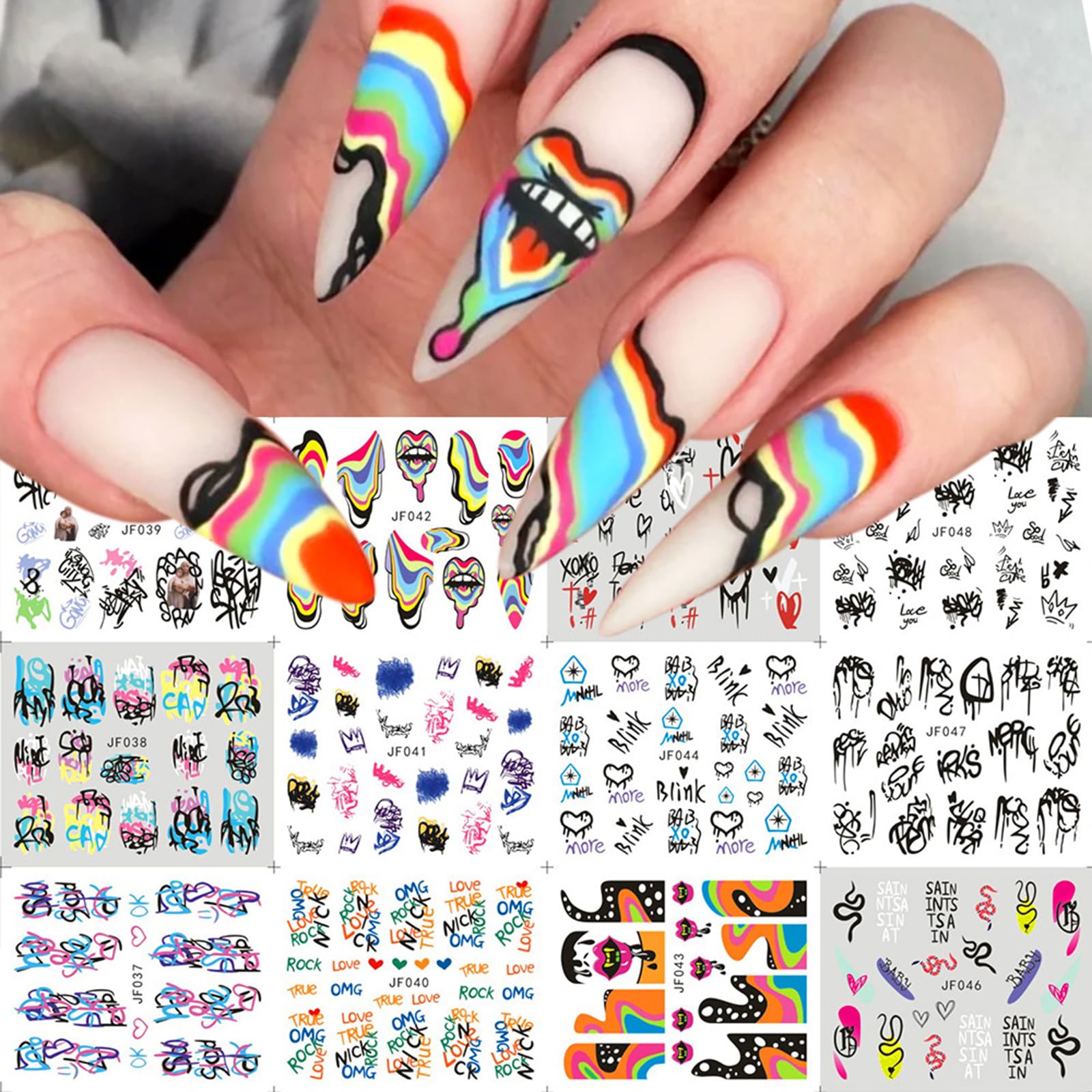 Halloween Nail Art Stickers Water Transfer Graffiti Nail Decals 12 Sheets, Fun Clown Heart Graffiti Designs Nail Art Supplies Halloween Nail Stickers Decorations for Women Girls Acrylic Nails DIY