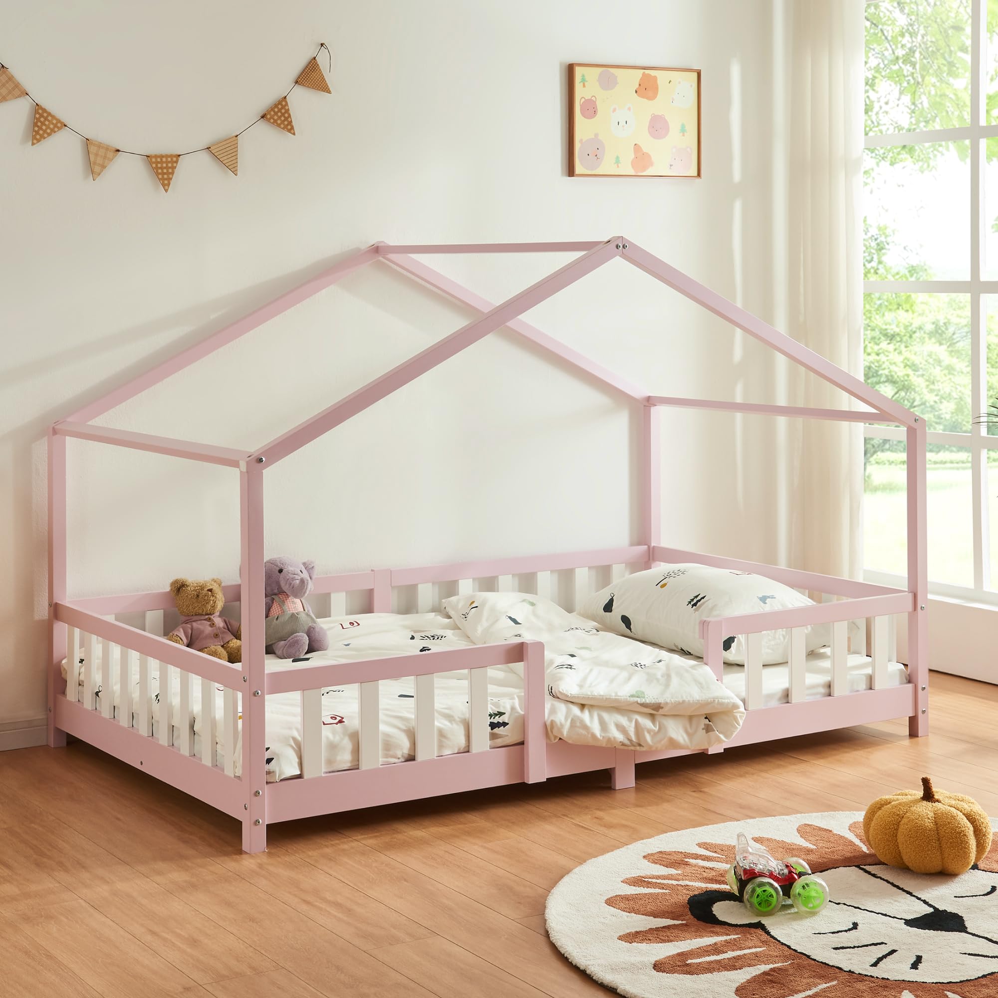 [en.casa] Kinderbett Treviolo Hausbett 140 x 200 cm Holzbett für Kinder mit Rausfallschutz Montessori Bettgestell mit Lattenrost Kiefernholz Rosa