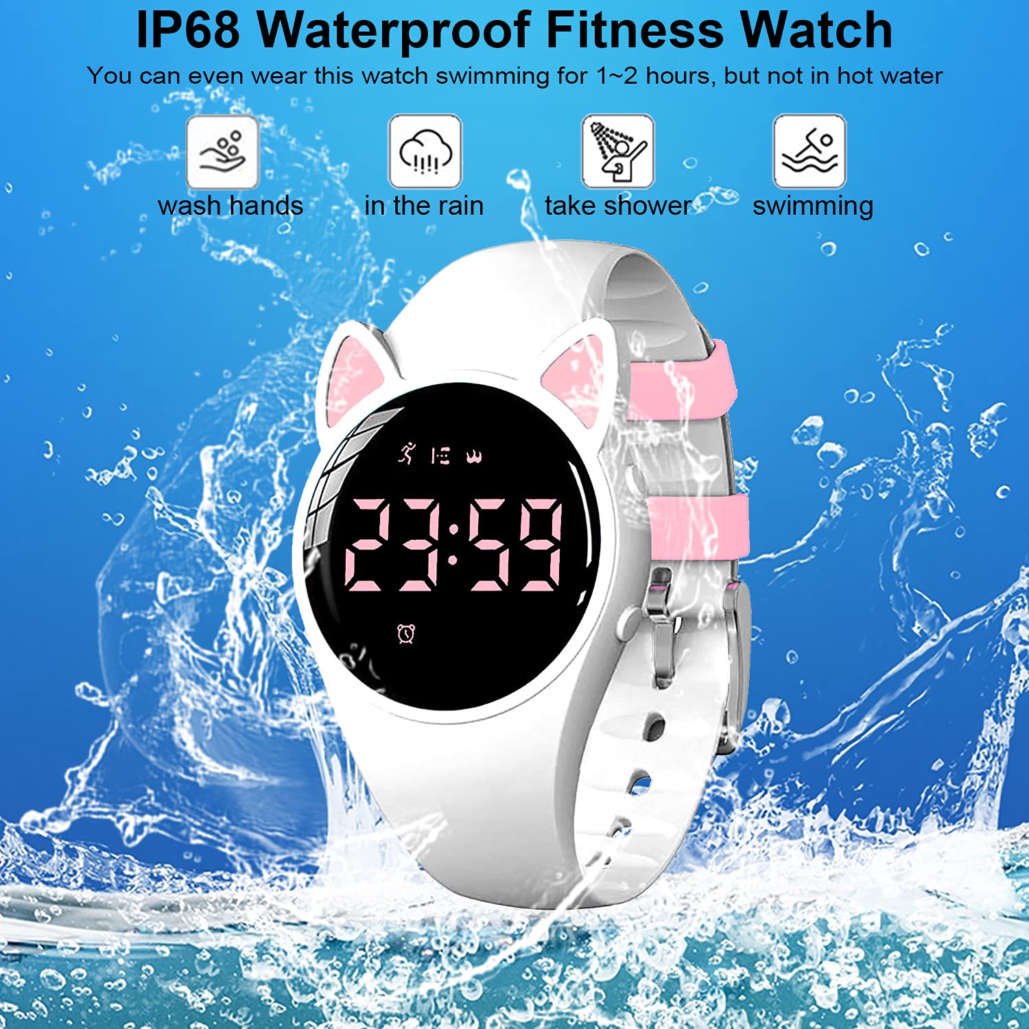 Reloj rastreador de fitness para niños, no necesita aplicación, 1 hora de carga para uso de 20 días, reloj impermeable IP68 para niñas y estudiantes, reloj deportivo con cronómetro, podómetro (blanco y rosa) 6