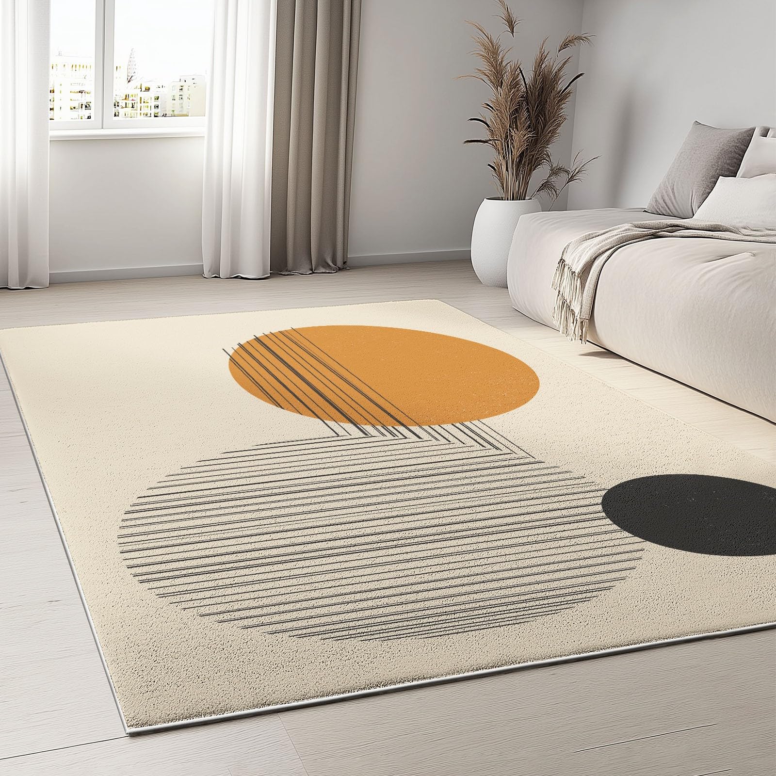Tapis Salon Chambre Adulte Poil, Tapis à Poils Courts et denses Motif Vecteur Abstrait Cercles, Tapis Lavable en Machine Antidérapant Brun Clair, 80 x 150 cm