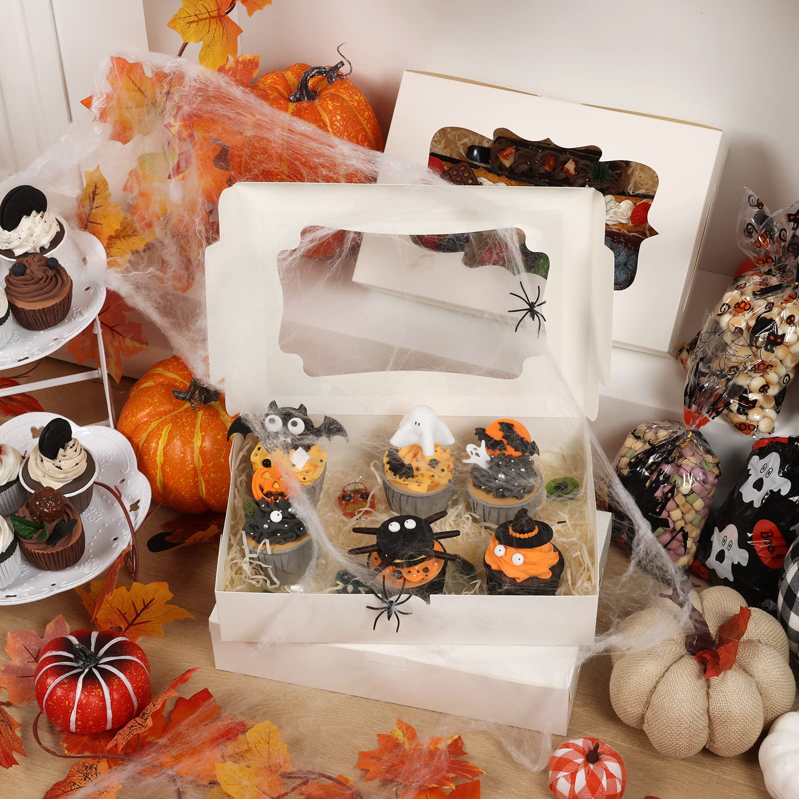 TOMNK 60pcs Bakery Boxes, 12x8x2.5 Inches 3 Style Cookie Boxes, Treat Containers with Window for Candies, Chocolate Strawberries, Cakes, Muffins, Donuts