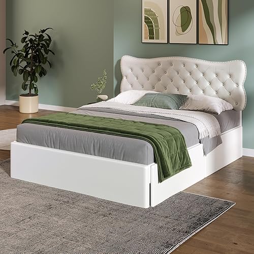 Miniatura 101 de Elegante cama con plataforma tapizada de terciopelo de tamaño Queen con cabecero, para niños, niñas y adolescentes (beige @cabecero/, Queen)