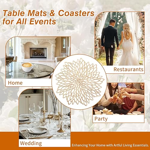 Miniatura 6 de Neween Juego de 4 manteles individuales redondos dorados y metálicos, lavables, 8 piezas a juego, diseño de hojas de vinilo prensadas redondas,