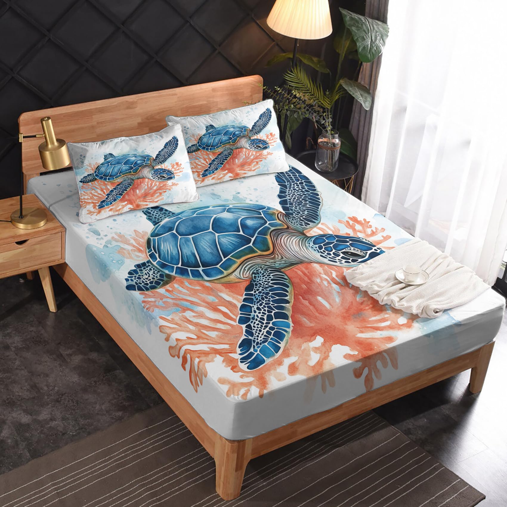 Zvynqour Turtle Sheets California King Size - Coral Bed Sheets - Deep Pocket Fitted Sheets & Flat Sheets & Pillowcases 4 Piece Set - Turtle Bedding & Decor - Soft Cosy Microfibe