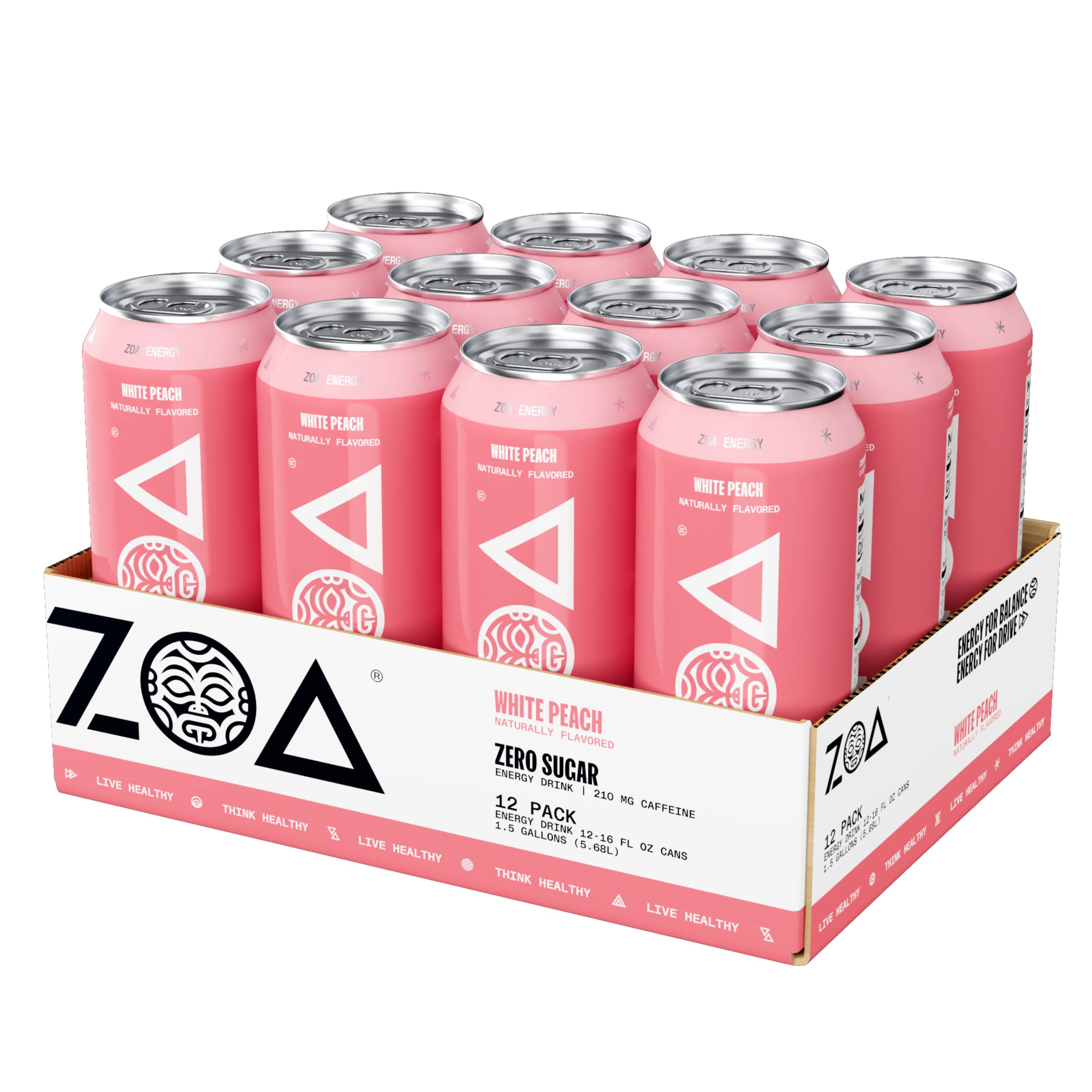 ZOA Zero Sugar Energy Drinks, White Peach Clean Sugar
