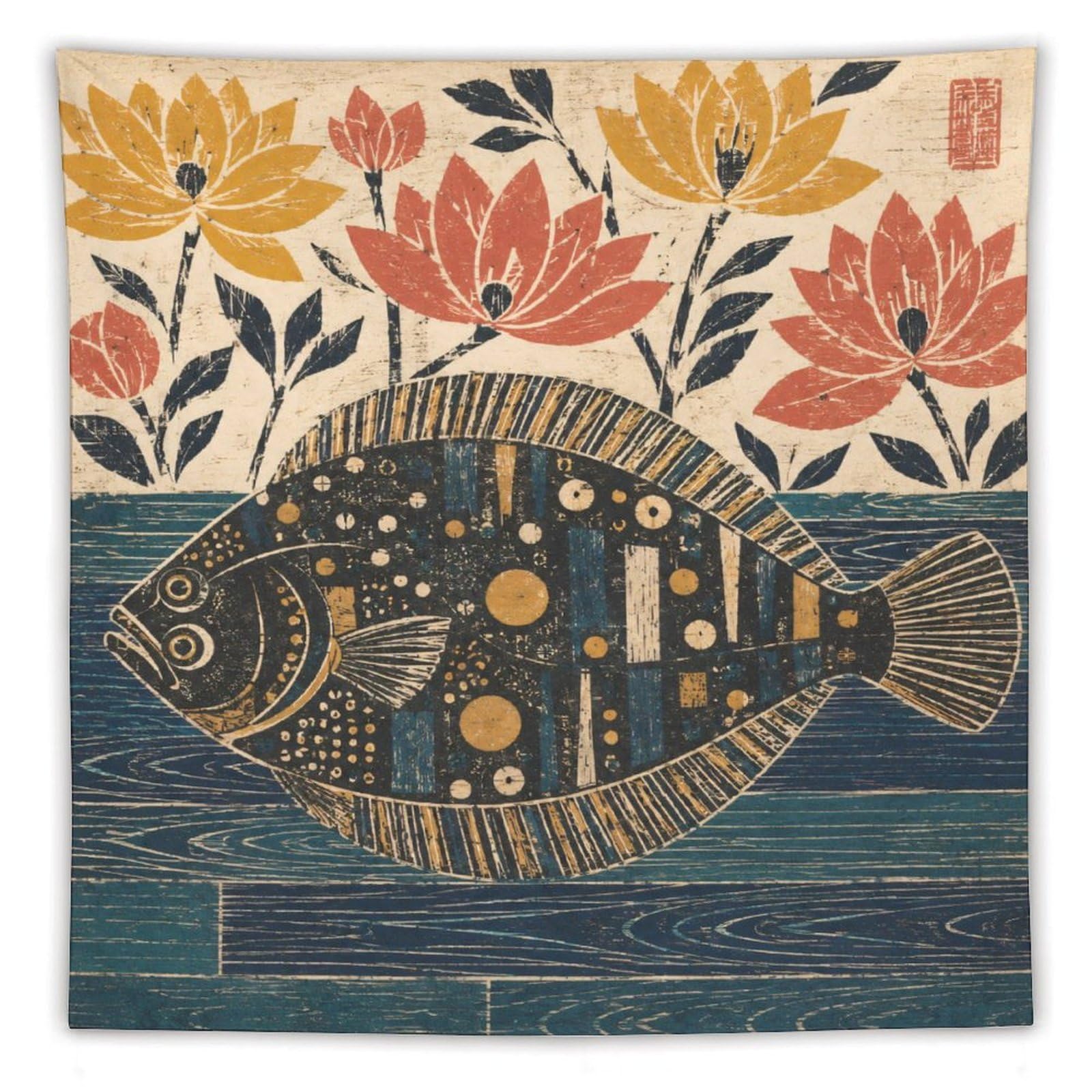 H3B8U2Y5 Folk Art Flounder Wall Tapestry, Realistic Illustration, Backdrop