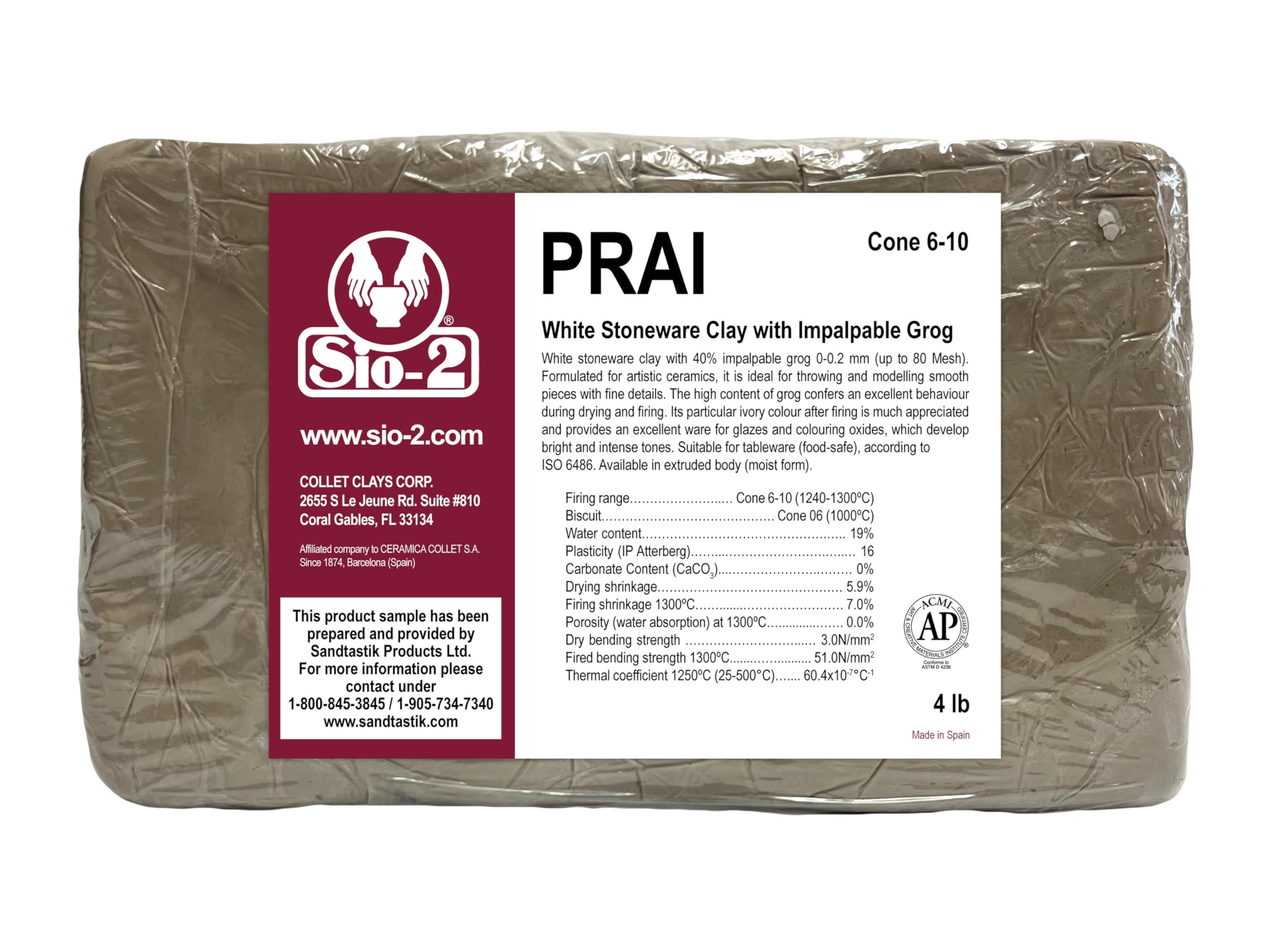 SIO-2 PRAI White High Fire Stoneware Clay, 4 lb (Cone 6-10) Natural Modeling Pottery Clay for Sculpting & Hand Building
