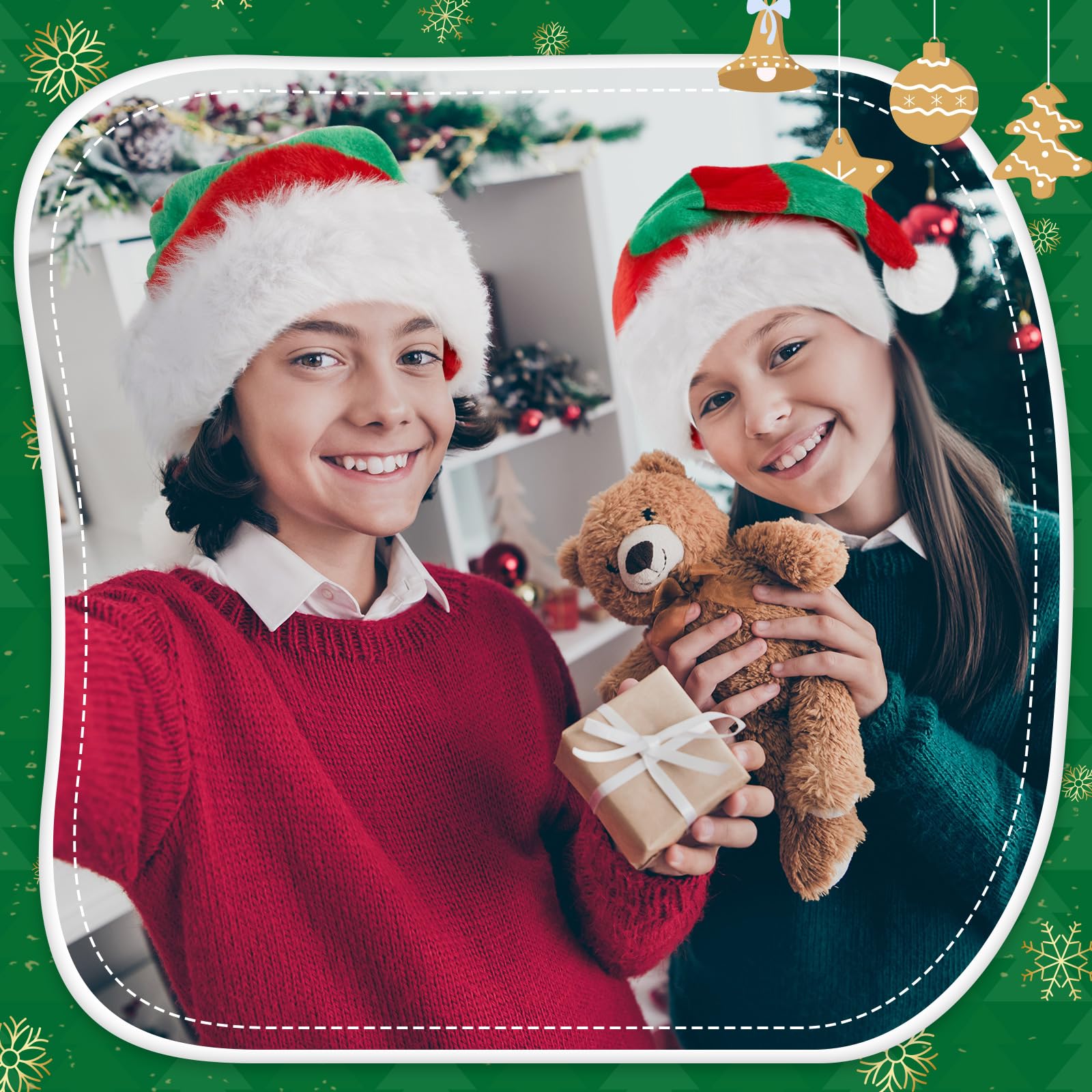 SATINIOR 2 Pcs Santa Hat Unisex Plush Red and Green Hat for Christmas Event Party Supplies - Image 4