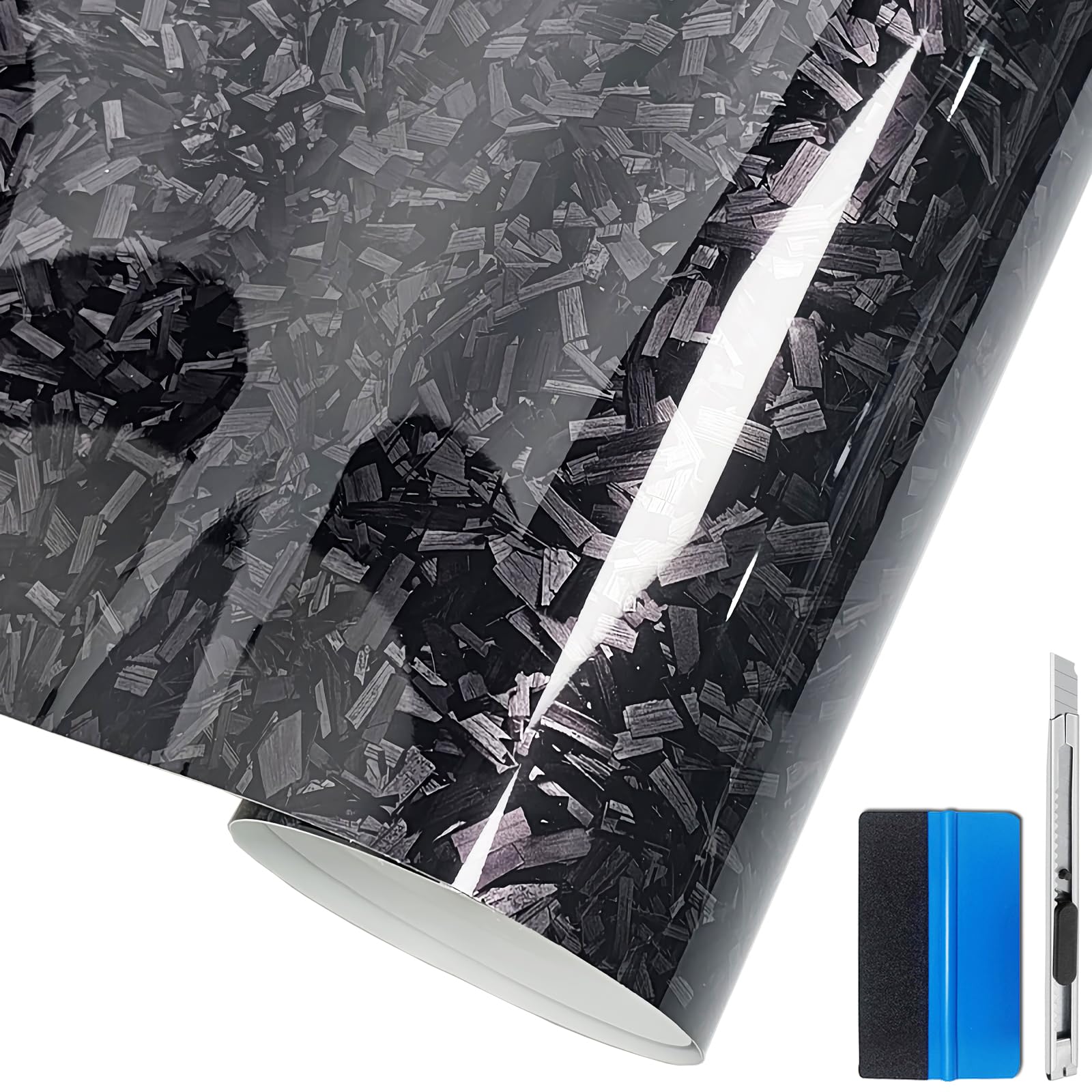 LZLRUN Forged Gloss Carbon Fiber Black Vinyl Wrap Roll Air Release Sticker Sheet Film DIY Decal Car Auto Vehicle Morotcycle Self Adhesive - 1ft x 3.5ft
