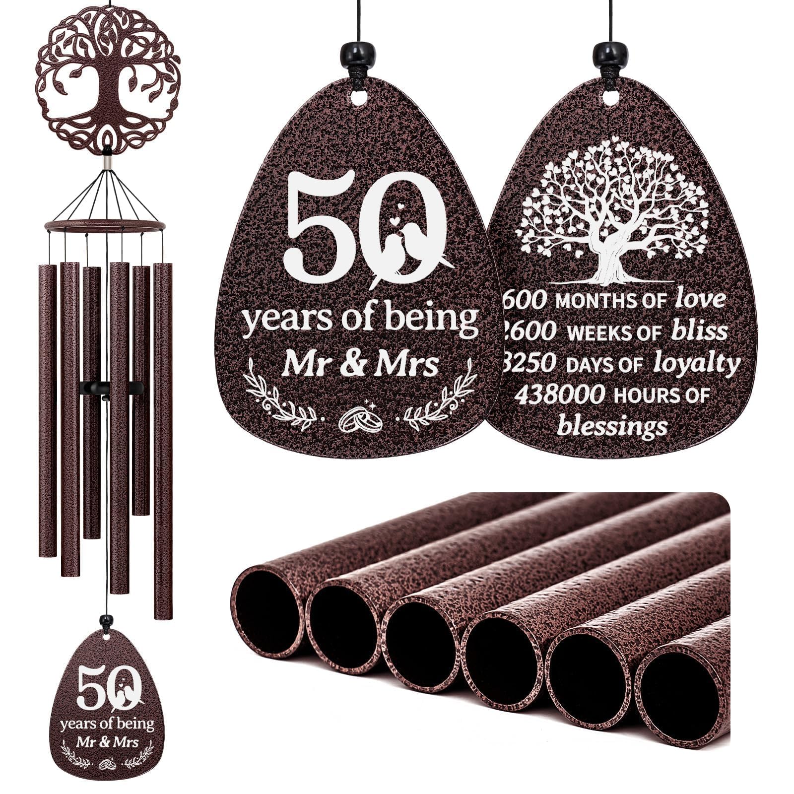 SteadStyle 50th Anniversary Wind Chime, Happy 50th for Parents, Husband, Wife, Couples, Friends - Golden Anniversary Keepsake Tree of Life Wind Chime Large Size 37 in Garden Decor