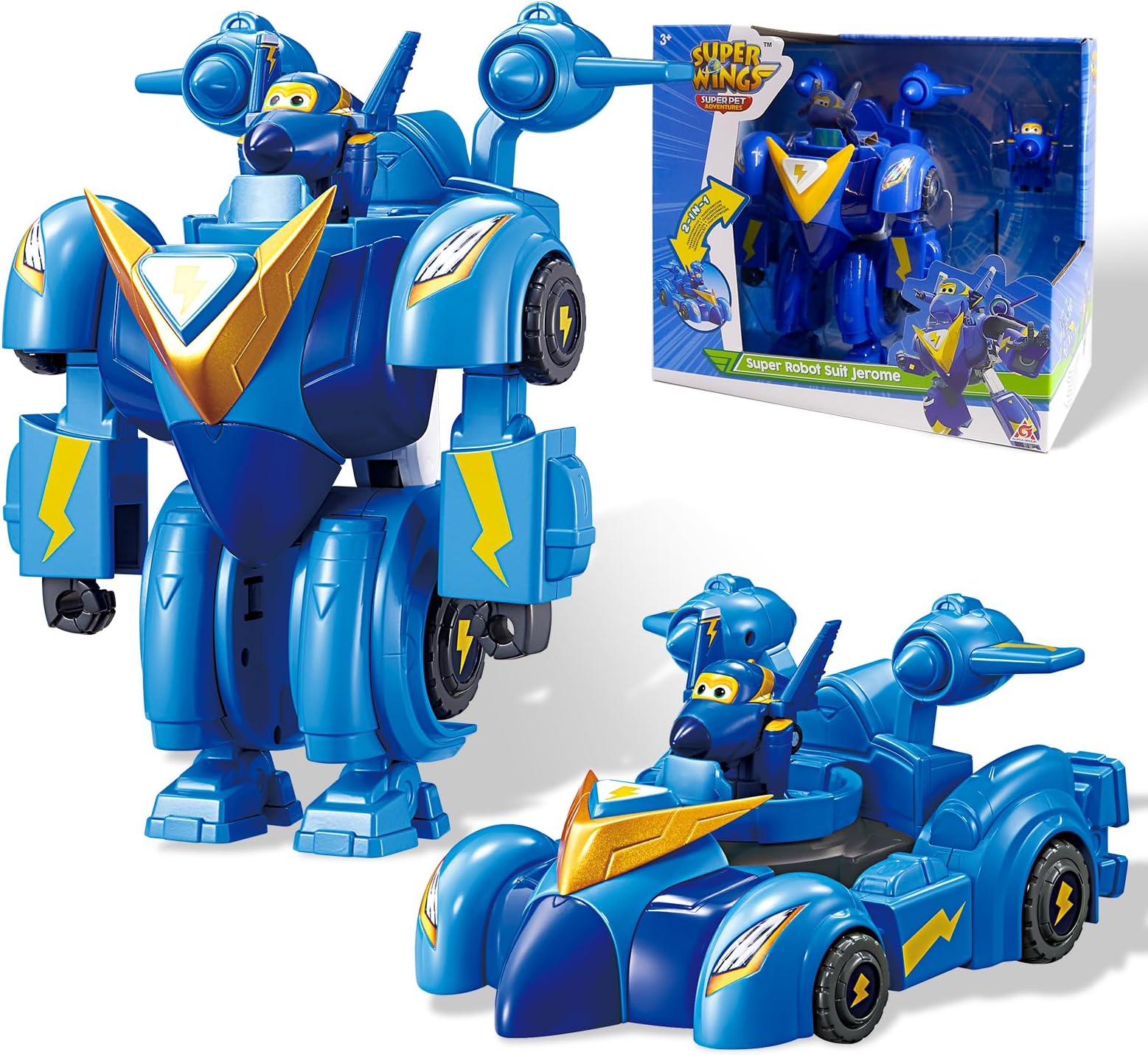 Super Wings Super Robot Suit Jerome, approx. 18 cm Transformable Toy Figure, 2-in-1 Robot Suit and Super Car, for Children from 3 Years, Blue