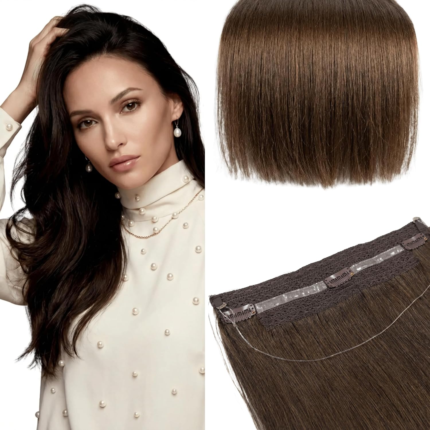 Hair Halo Extensions for Women Brown 20 Inch 140g, Best Double Drawn Invisible Wire Human Hair, Zero Damage Expensive Brunette Look, 30s Secure Fit for Professional Image & Speed