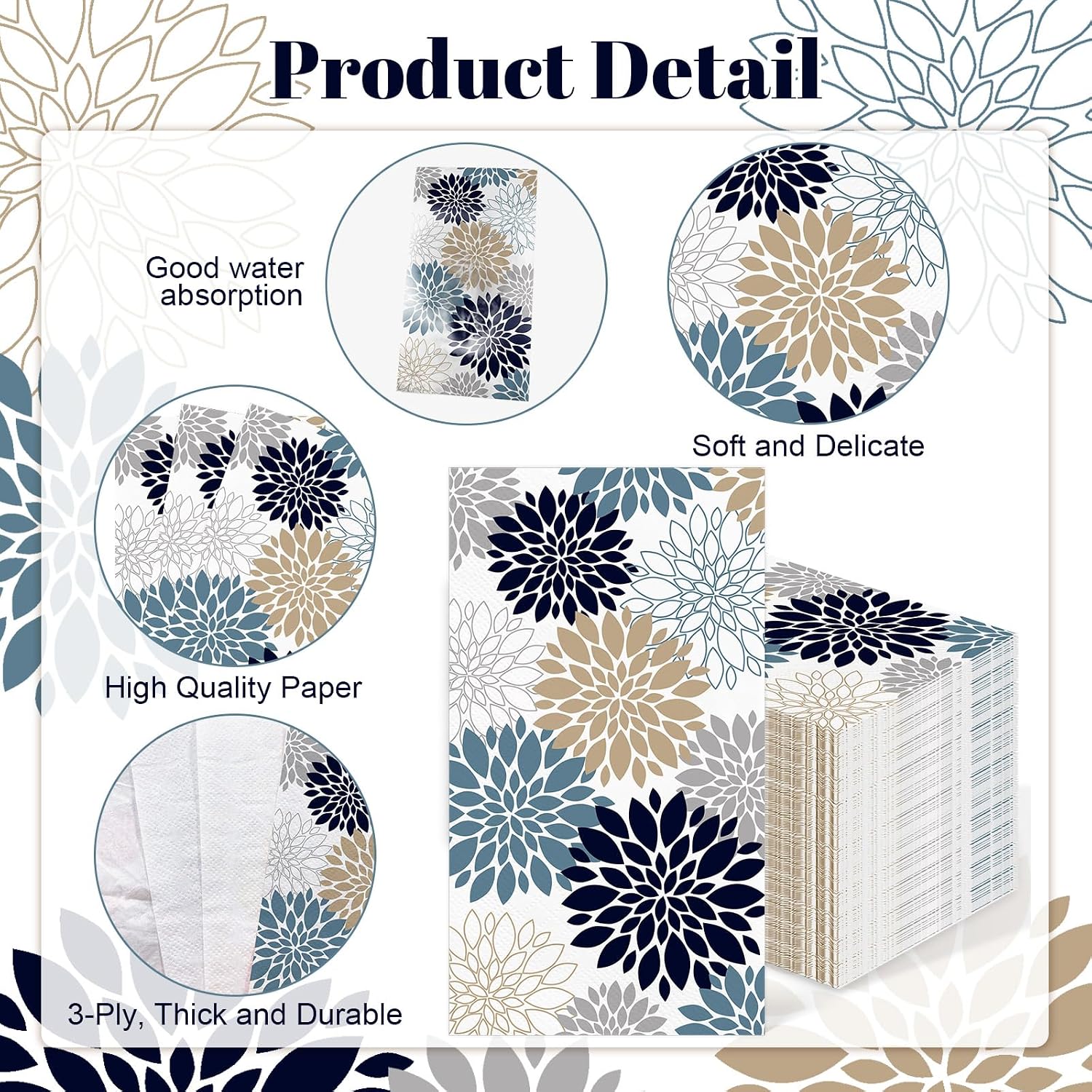 IANFEPH 100 Pack Fall Dahlia Paper Napkins 3 Ply Disposable Bathroom Guest Hand Towels 4.3 x 7.9 Inch Blue Grey Vintage Floral Napkin for Wedding Birthday Party Supplies image 3