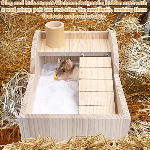 Miniatura 5 de PINVNBY Caja de baño de arena para hámster de madera con escalera de escalada, habitación de ducha, arena para excavar, contenedor de bañera,