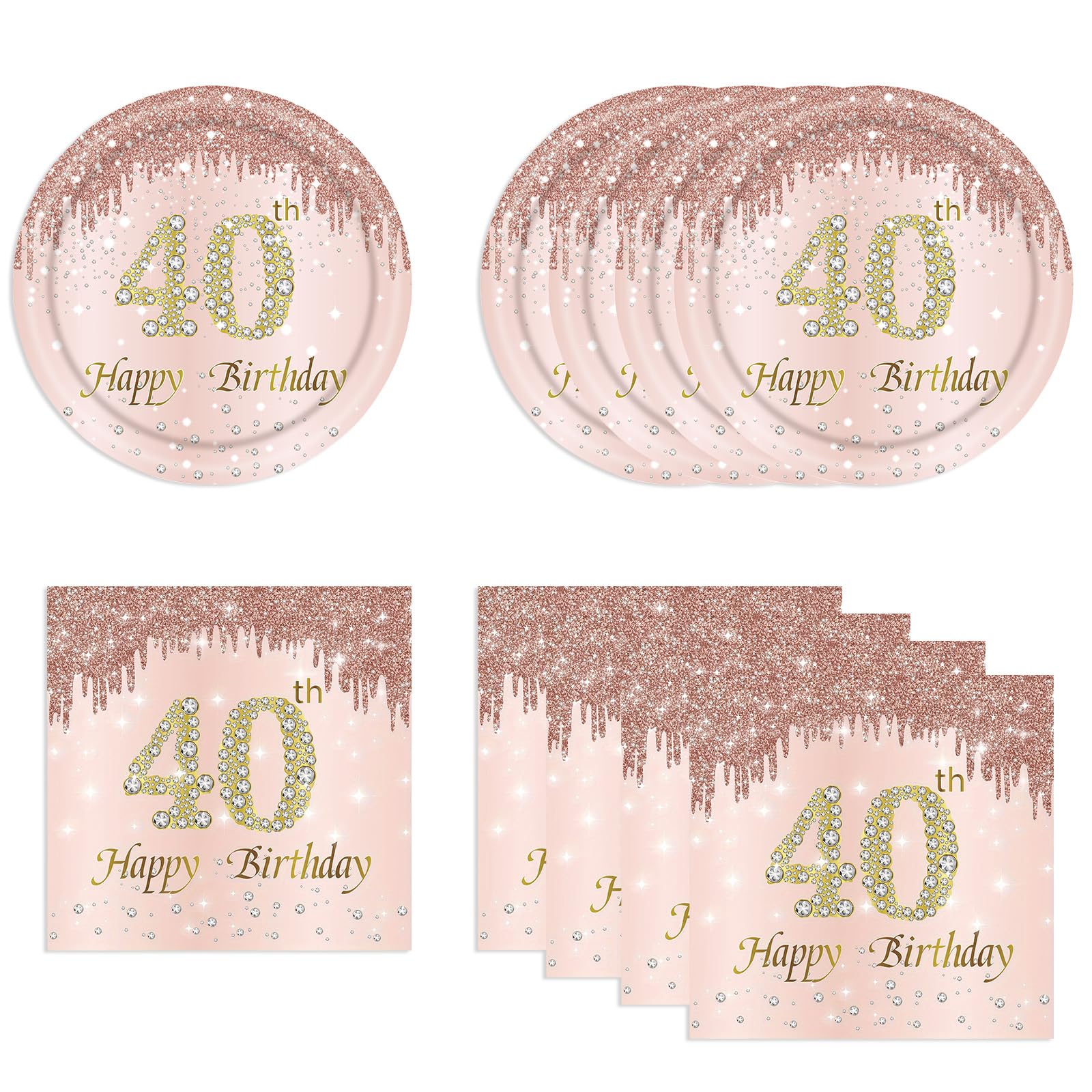 HiEnjoin 40th Rose Gold Birthday Plates and Napkins, 9 Inch Pink Rose Gold Disposable Dinner Dessert Plates Happy 40th Birthday Party Supplies