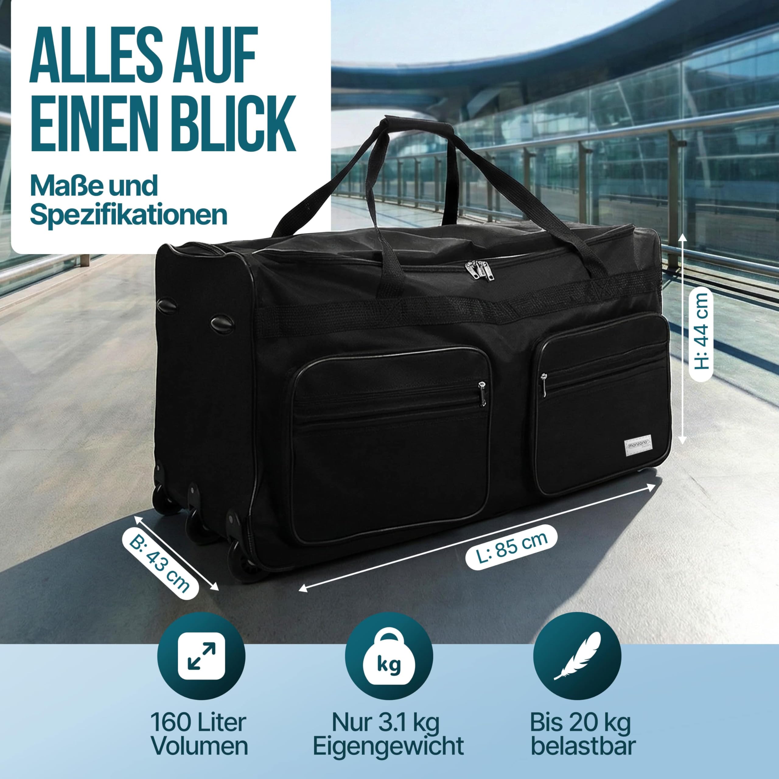 MONZANA® Sac de Voyage Trolley 160L 85x43x44cm Roulettes Poignée télescopique Grand Bagage Souple