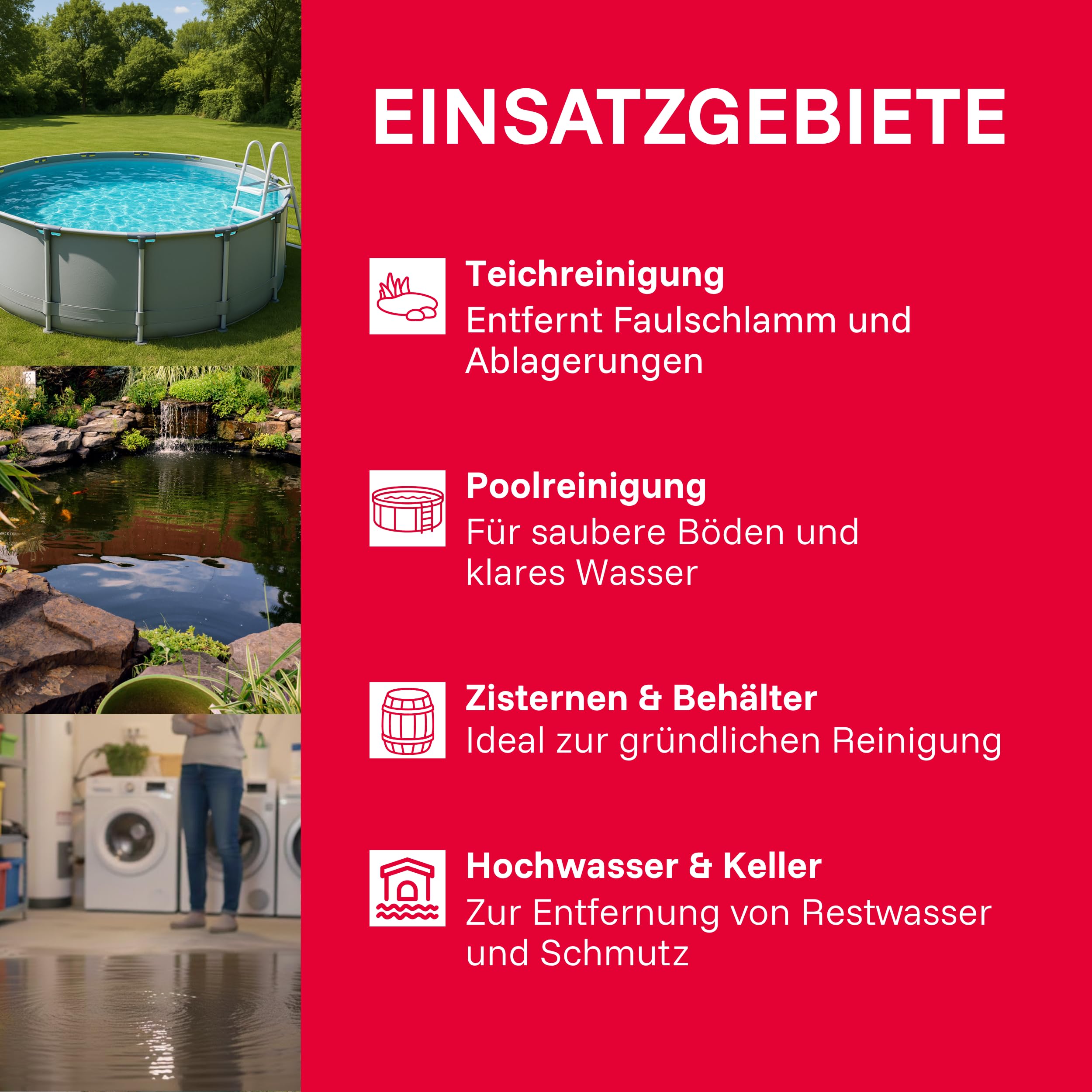 T.I.P. Teichschlammsauger - Poolsauger (Tankvolumen 30 l, Saugrohr 2m – vierteilig – 2X transparent, Flachdüse für Teichschlamm, Grobfilter und Schmutzauffangsack, Rückschlagkappe) TSS 1600 K, 30519