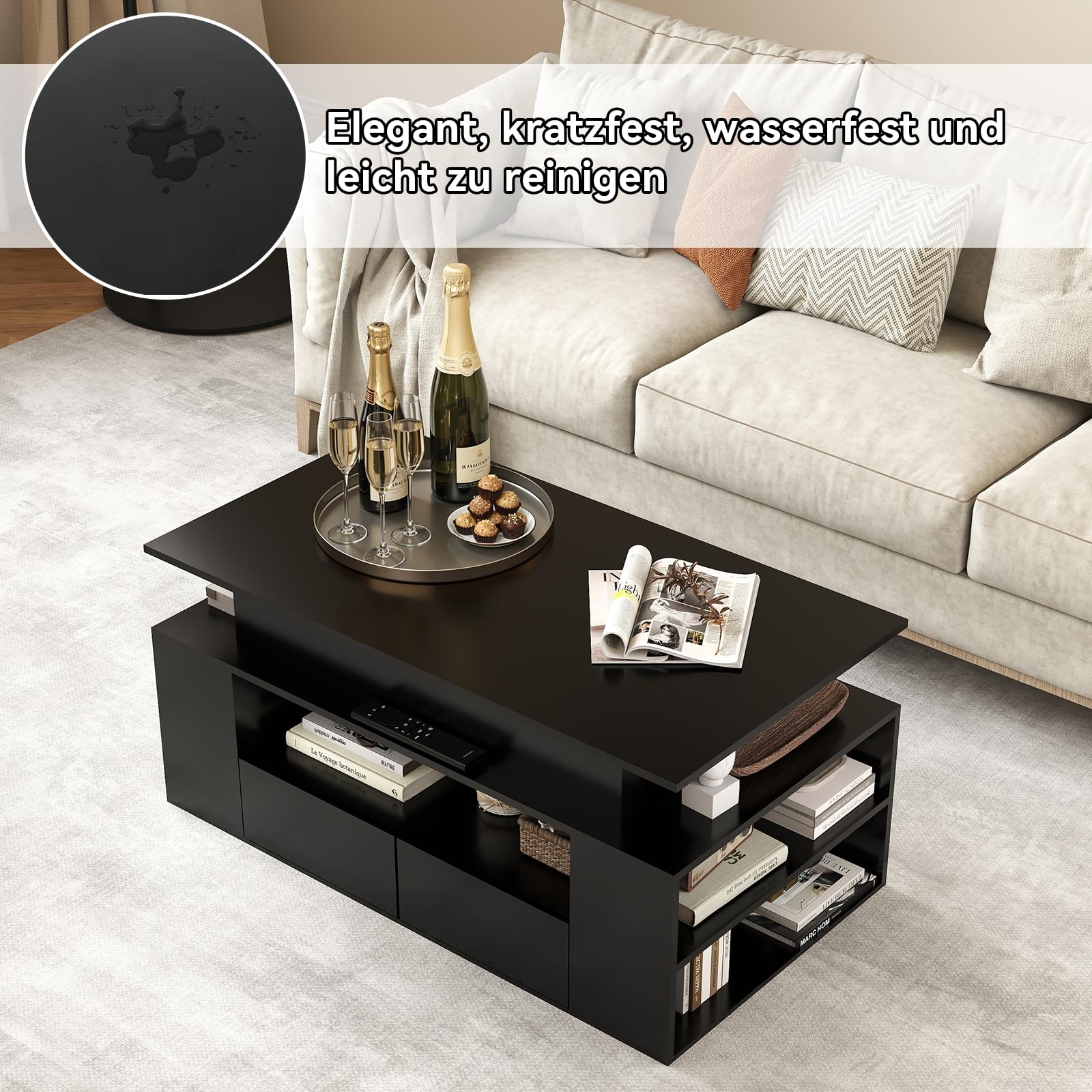 YU YUSING Couchtisch Höhenverstellbar mit Stauraum und LED, Wohnzimmertisch mit Verstecktem Fach und 2 Schubladen, Beistelltisch Umwandelbar in Esstisch, 90x50cm Sofatisch für Wohnzimmer, Schwarz