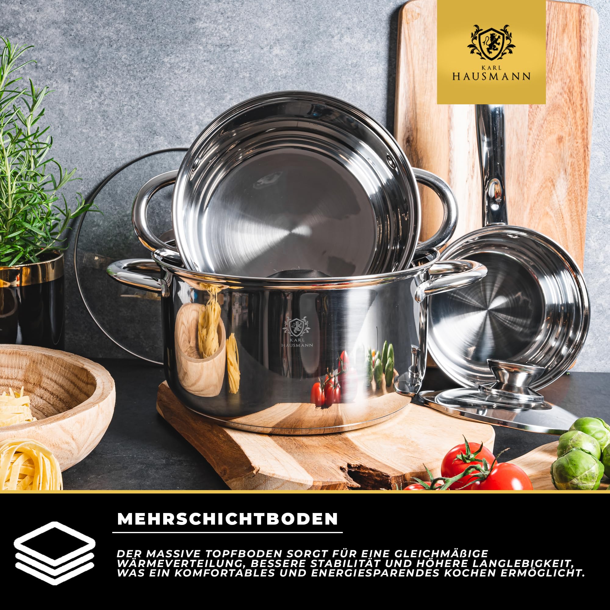 KARL HAUSMANN Topfset Induktion aus Edelstahl, 2 Töpfe und 1 Stieltopf
