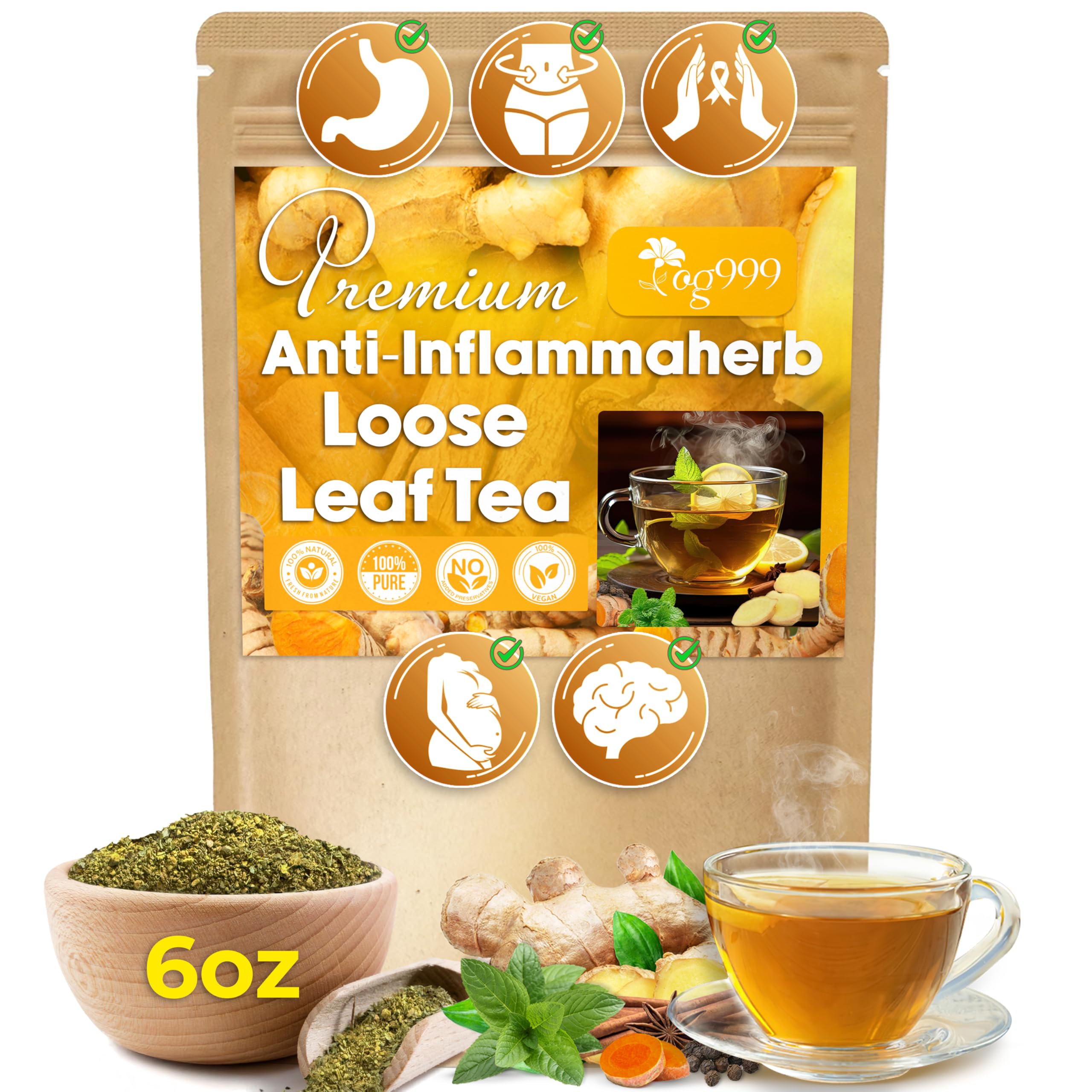 TOG999 Anti-Inflammaherb Turmeric Ginger Cinnamon Tea Bags, 6 oz Anti-Inflammaheb Loose Leaf 6 Ounce