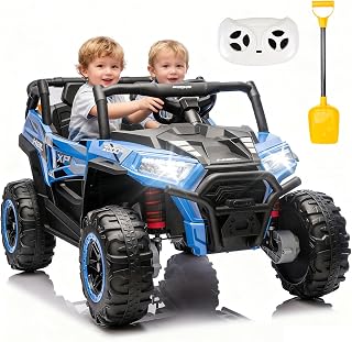 XL 2-Seater Ride On UTV, 24V Ride on Toys for Kids 3-7 w/Remote Control, Electric Car with 4WD & 4-Wheel Suspension, 20.5in Seat, Storage Space, Shovel, Bluetooth, Music, Blue