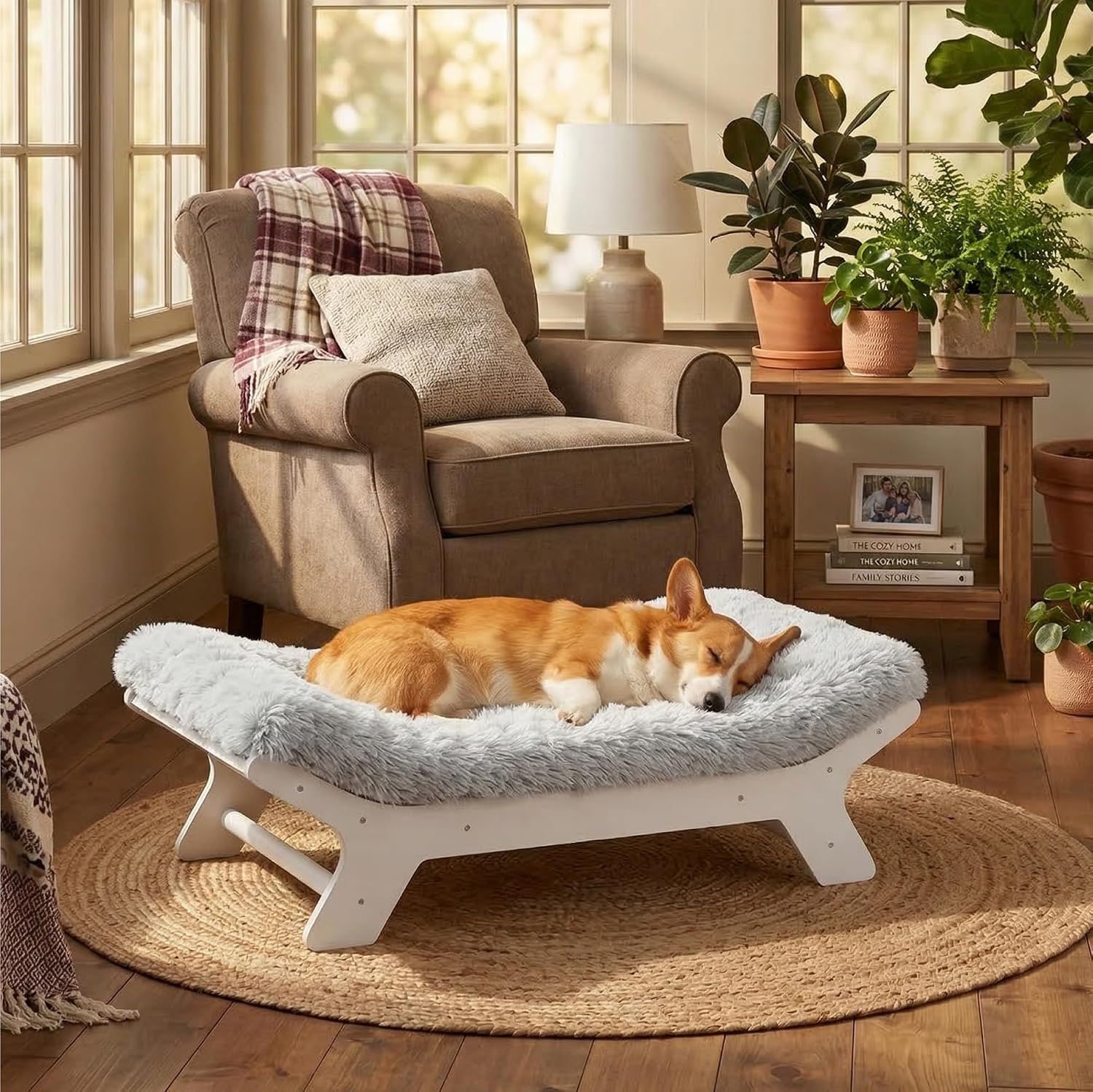 Muihood Wood Elevated Dog Bed Frame and Egg Crate Foam Mattress, Luxurious Suitable for Pets Up to 60 lbs, White, M