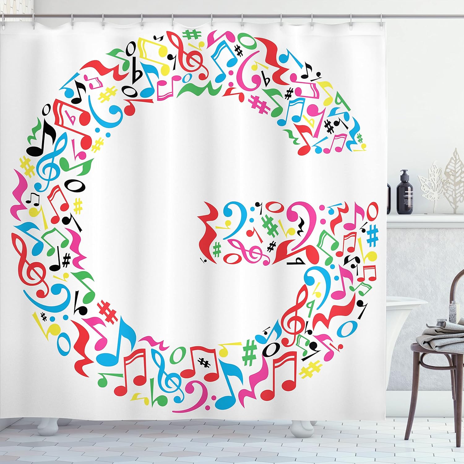 Ambesonne Letter G Shower Curtain, Majuscule G and Music Inspired Theme Colorful Musical Notes Alphabet Art Print, Cloth Fabric Bathroom Decor Set with Hooks, 69" W x 75" L, White Ivory