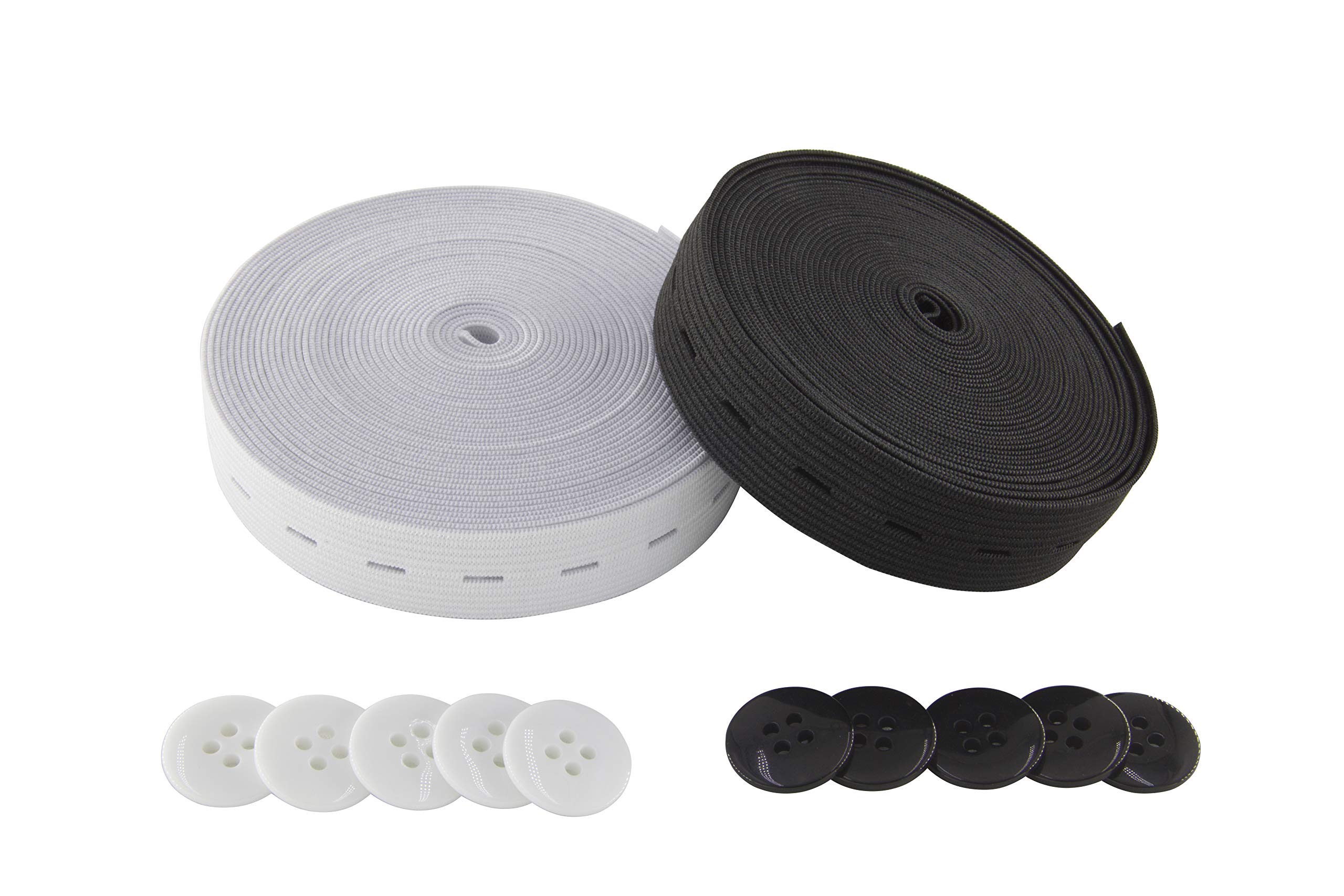 Flat Sewing Band Spool with Buttonholes, Elastic Stretchable, Ideal for DIY Waistbands and Necklines (Black & White, 3/4