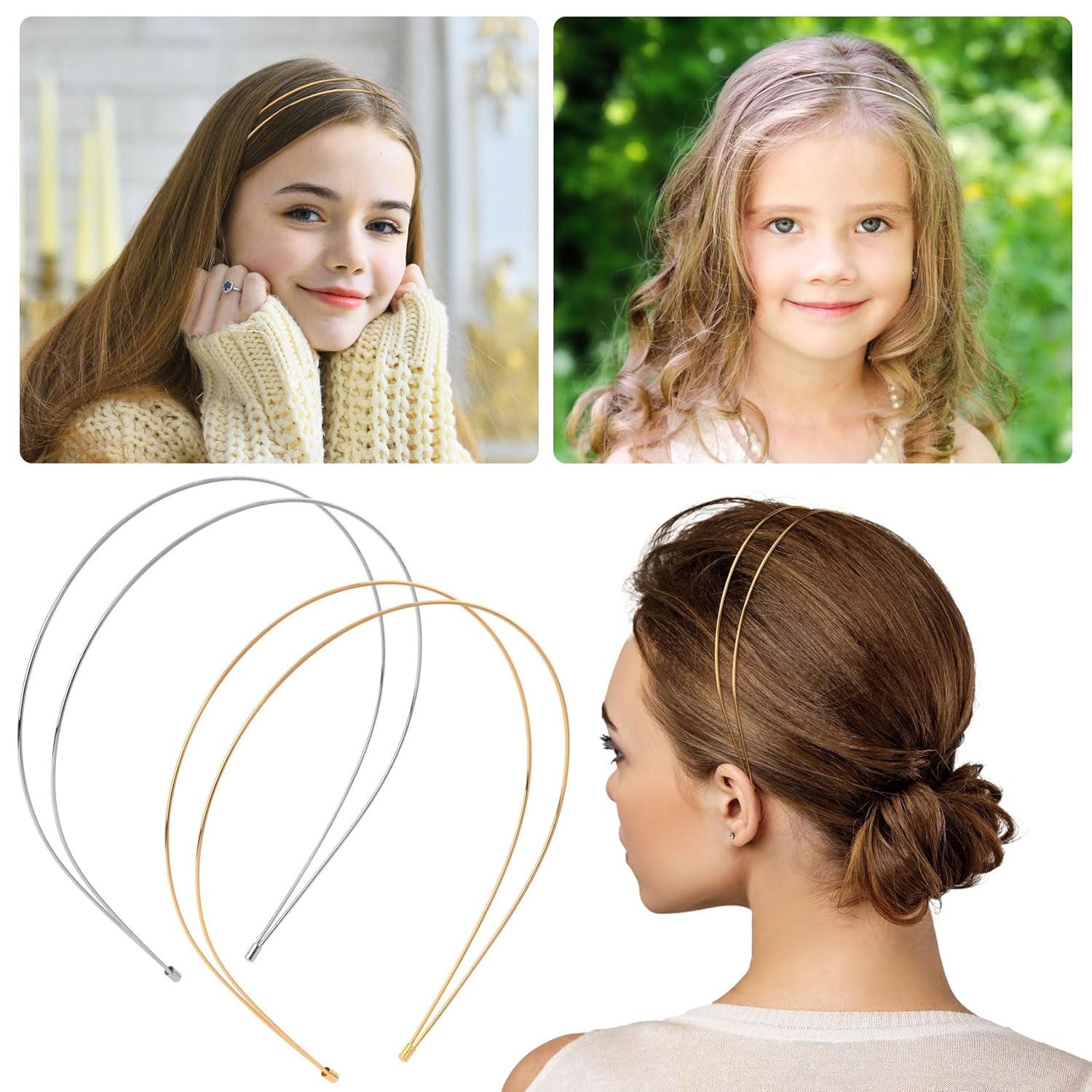 PAGOW 2 Pcs Metal Double Layer Headbands Trendy, Gold Silver Simple Headband, Sparkly Multi Layers Headbands, Elegant Hair Accessories for Women (Gold, Silver) - Image 4