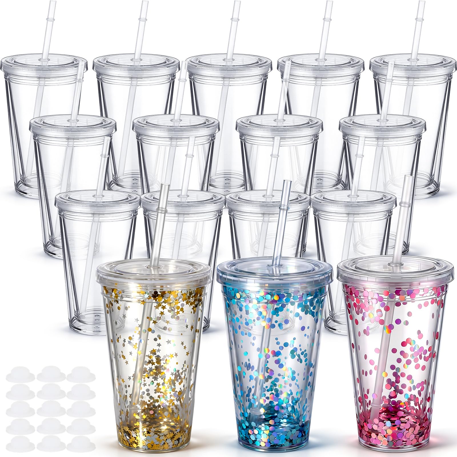 Willinglong 16 Pcs 16 oz Acrylic Snow Globe Tumbler with Lids and Straws Bulk Pre-drilled Double Wall Plastic Snow Globe Cup with Hole Plug for Glitter Snowglobe DIY Crafts Supplies