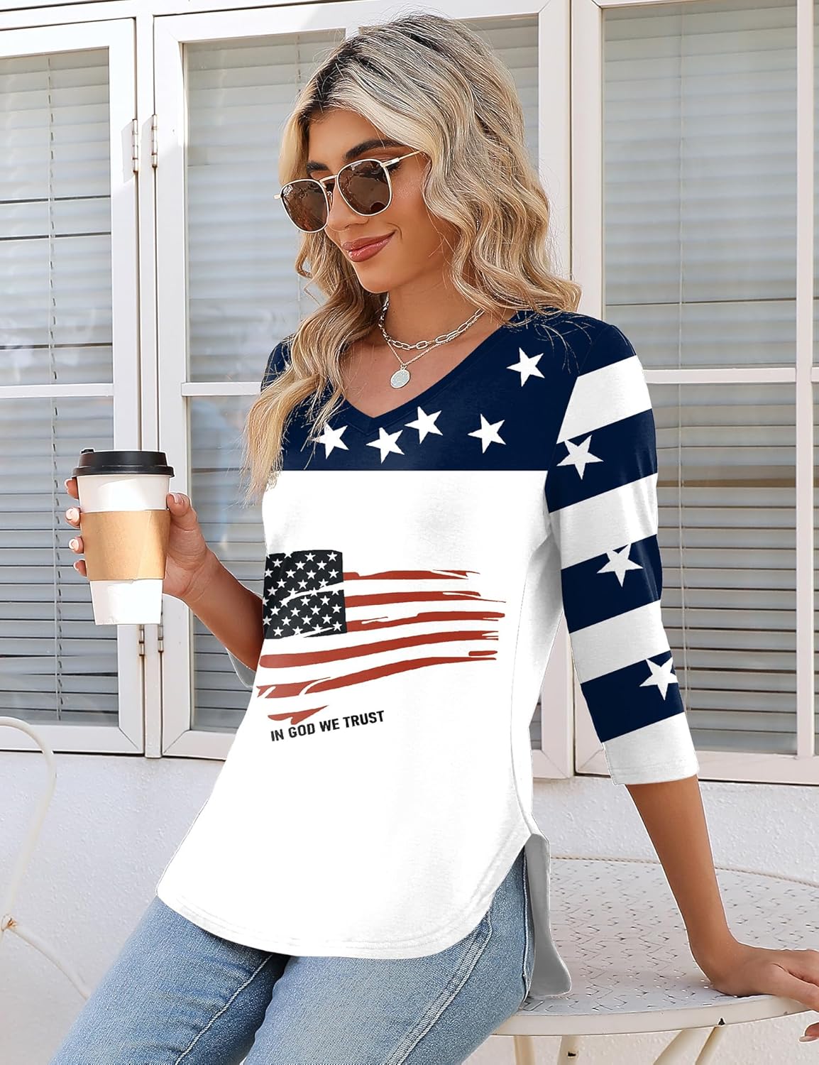KTILG Women's V Neck T Shirts 3/4 Sleeve Blouse Summer Tops Dressy Casual Solid Basic Tees - Image 4