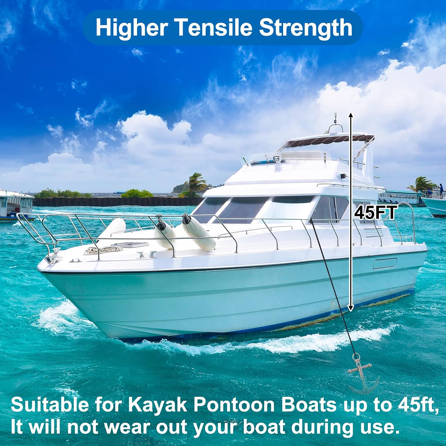 Double Braid Nylon Anchor Rope 5/8 Inch x 150 Feet with Stainless Steel Thimble-High Strength Anchor Line Safe Workload: 1600LBS;Tensile Strength:9000 LBS
