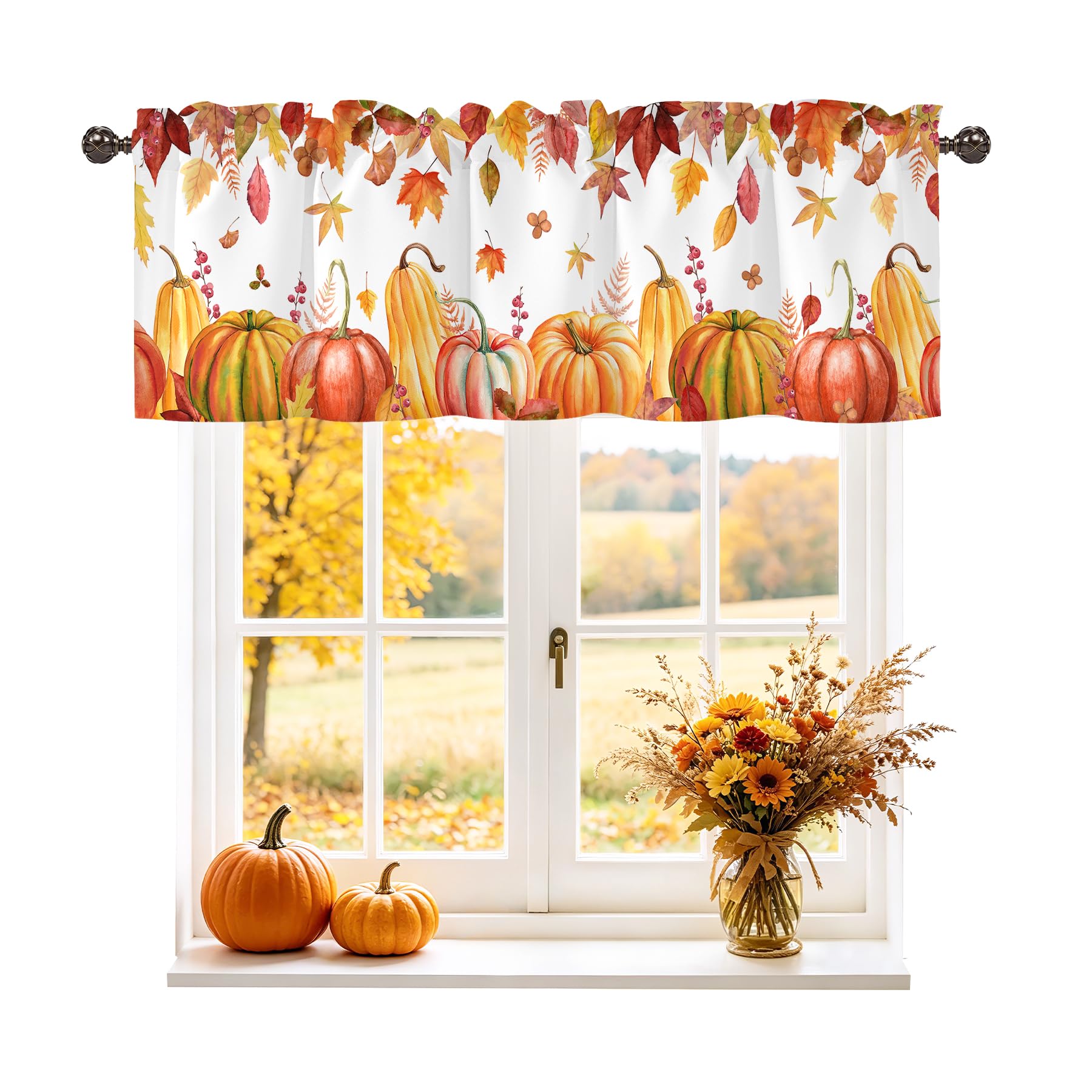 Fall Pumpkin Thanksgiving Maple Leaves Autumn Valance for Windows, Rod Pocket Short Curtain Topper for Kitchen Bathroom Laundry Basement, 42W x 12L Inch