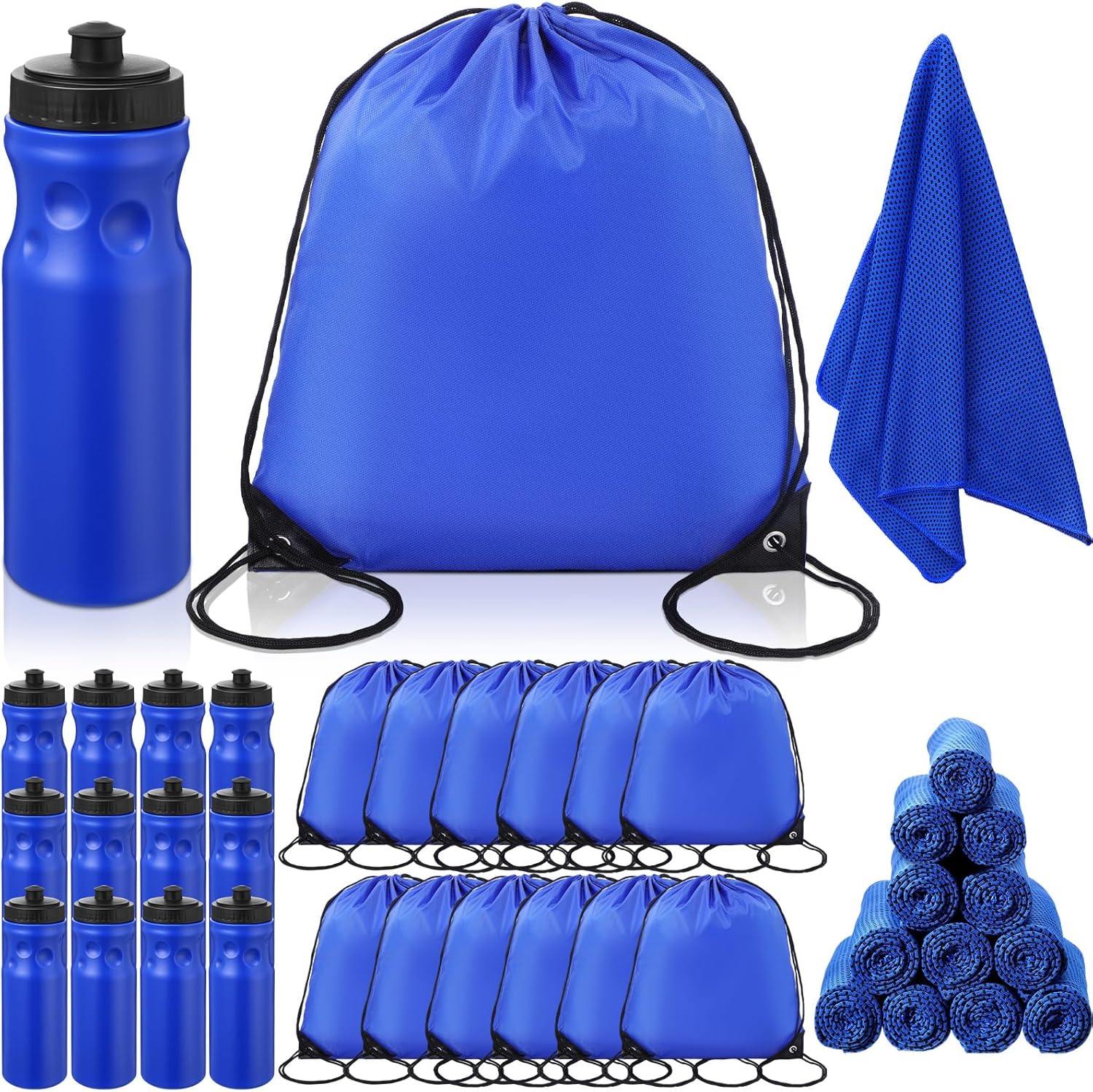 Talltalk 36 Pcs Sports Water Bottle Cooling Towel Set Sport Navy Blue Party Favors Include 40" x 12" Cooling Towels, Squeeze Water Bottles, Draw String Back Bags for Outdoor Gym Travel Football Work