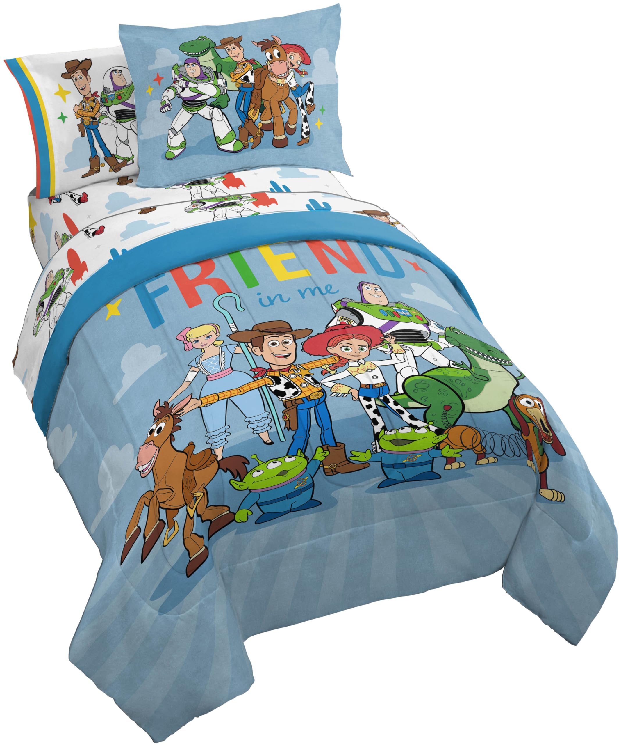 Jay Franco Kids Comforter Set Includes Sheets and Pillow Cover - Soft and Cozy Bed Set for Stylish Room Decor, Blue - Toy Story, 7 Piece Full