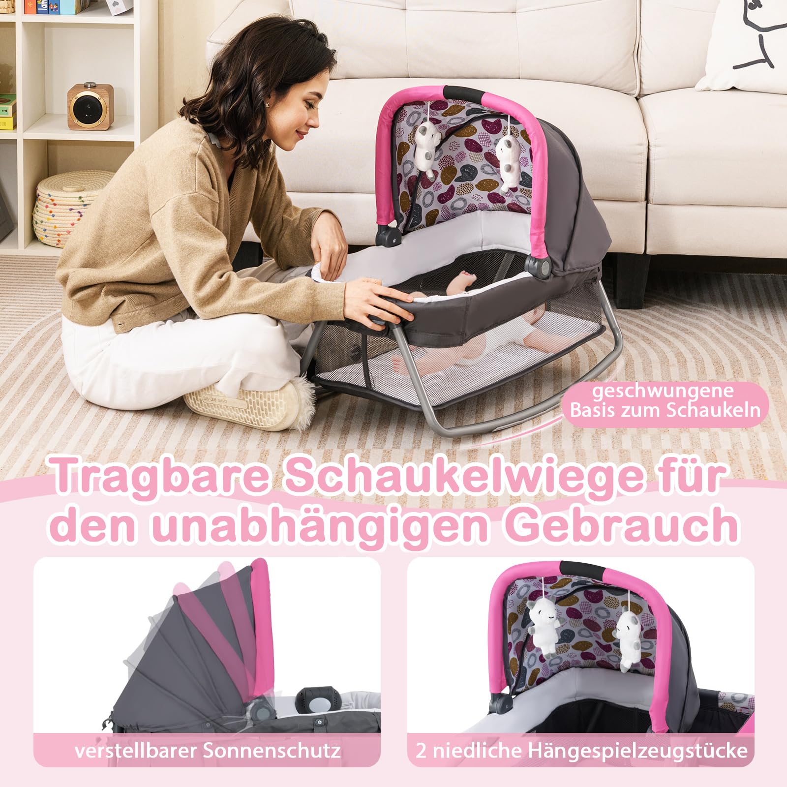 GOPLUS 5-in-1 Babybett, Beistellbett Baby mit Wickelauflage, Bremsrädern und Reisetasche, Musikbox mit Vibrationsfunktion, 2 hängende Spielzeuge, tragbares Reisebett mit Transporttasche (Rosa)