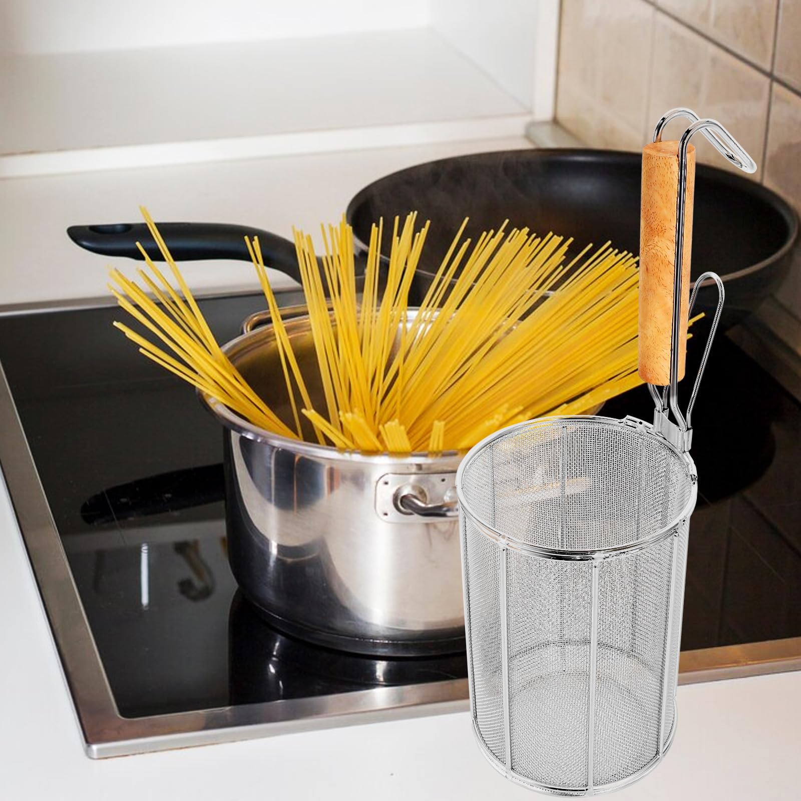 Genérico Colador y Freír Fideos de Acero Inoxidable con Mango de Madera de Pasta Resistente a Roturas, Cuchara Coladora Cómoda para Cocina en Olla Caliente