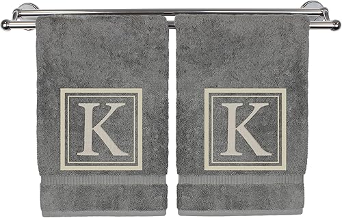 Miniatura 92 de Monogrammed Hand Towel, 16 x 30 Inches Set of 2, Personalized Gift- White Letter Embroidered with Square Design on Black Towel - Extra Absorbent