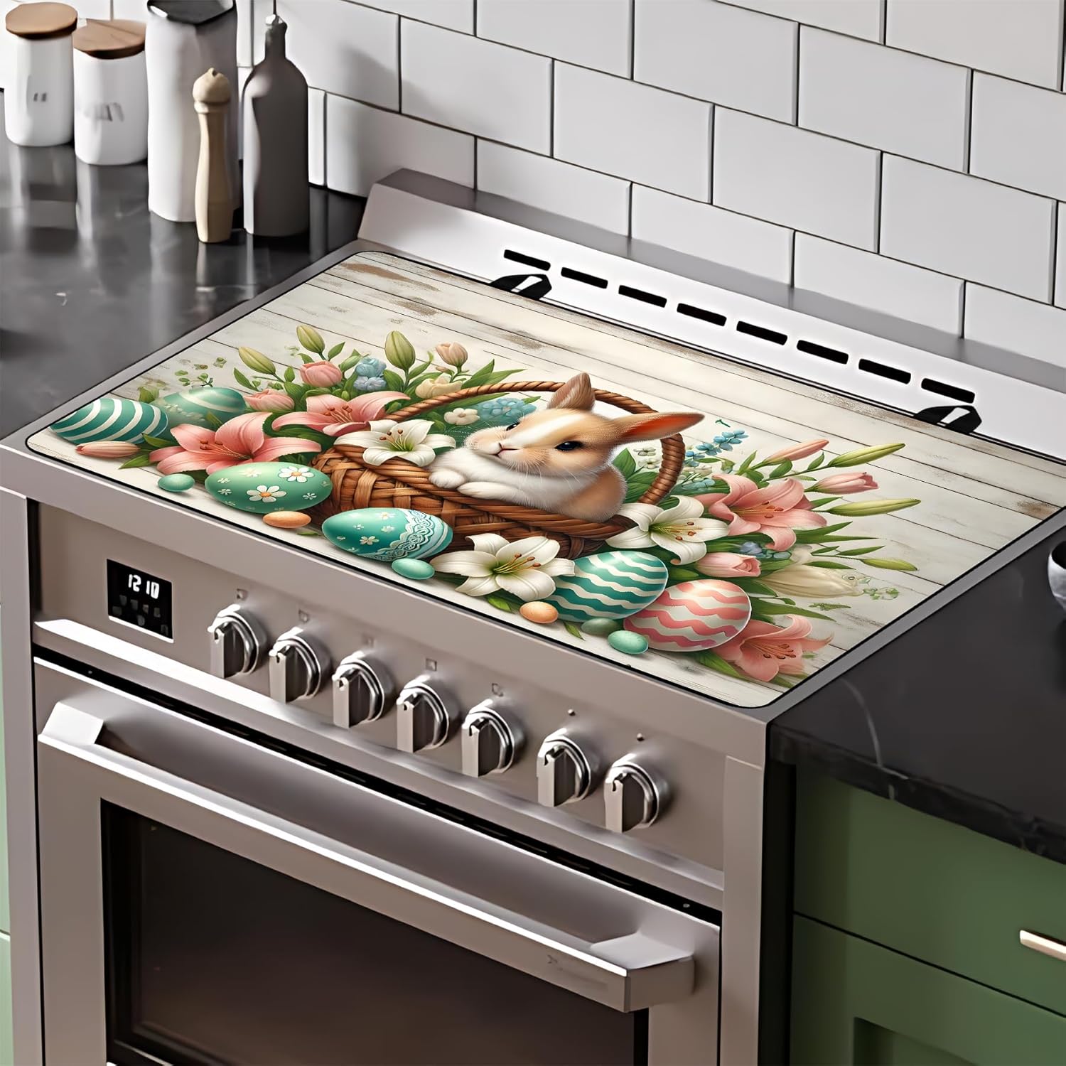 BVBOX Easter Stove Top Cover for Electric Stove 28"x20" Glass Stove Top Cover Pads Washable Decorative Stove Protector Mat for Home Kitchen Countertops (Rabbit Wood Grain, 28.5"L x 20.5"W)
