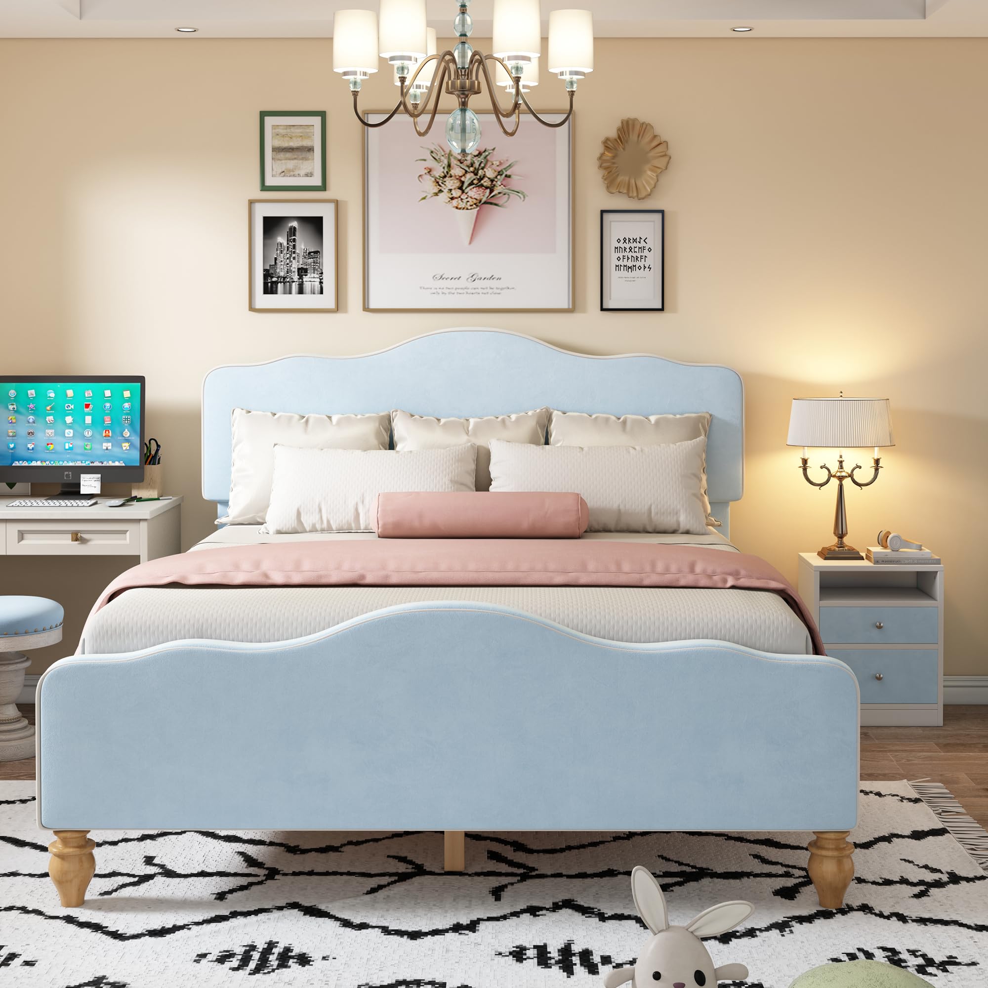 Kayan Juego de dormitorio, diseño moderno, cama tapizada + 2 mesitas de noche, mesita de noche con 2 cajones, juego de muebles de dormitorio, terciopelo, azul (140 x 200 cm)