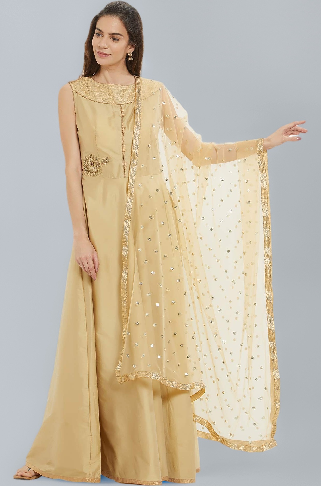 Woman's Embellished Beige Net Dupatta