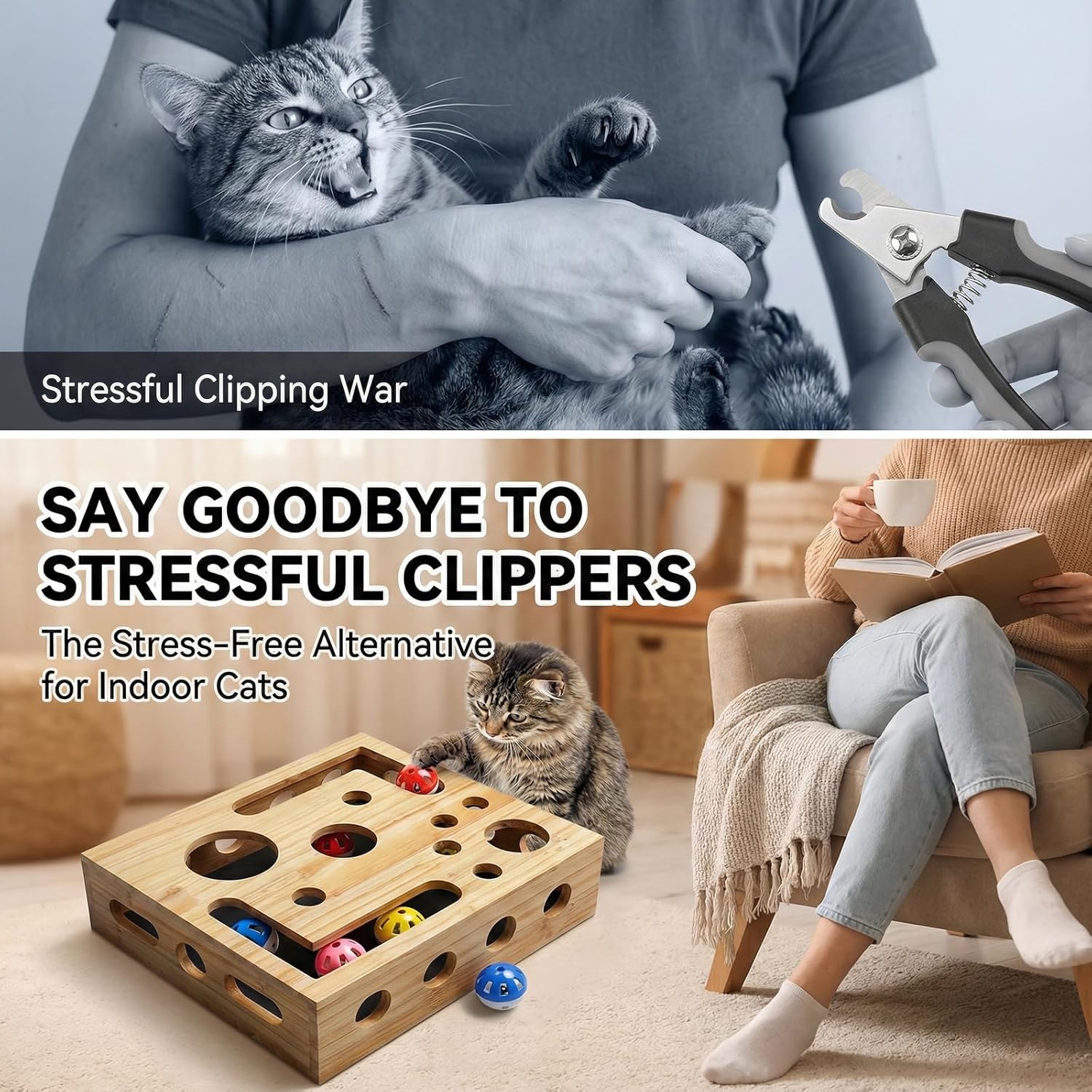 Cat Nail File Scratch Enrichment Box,Solid Pine Wood Puzzle Toy with Widened Safety Holes,Stress Free Alternative to Clippers&Grinders,Interactive Maze for Indoor Cats,Sandpaper, 3 bells,feather stick