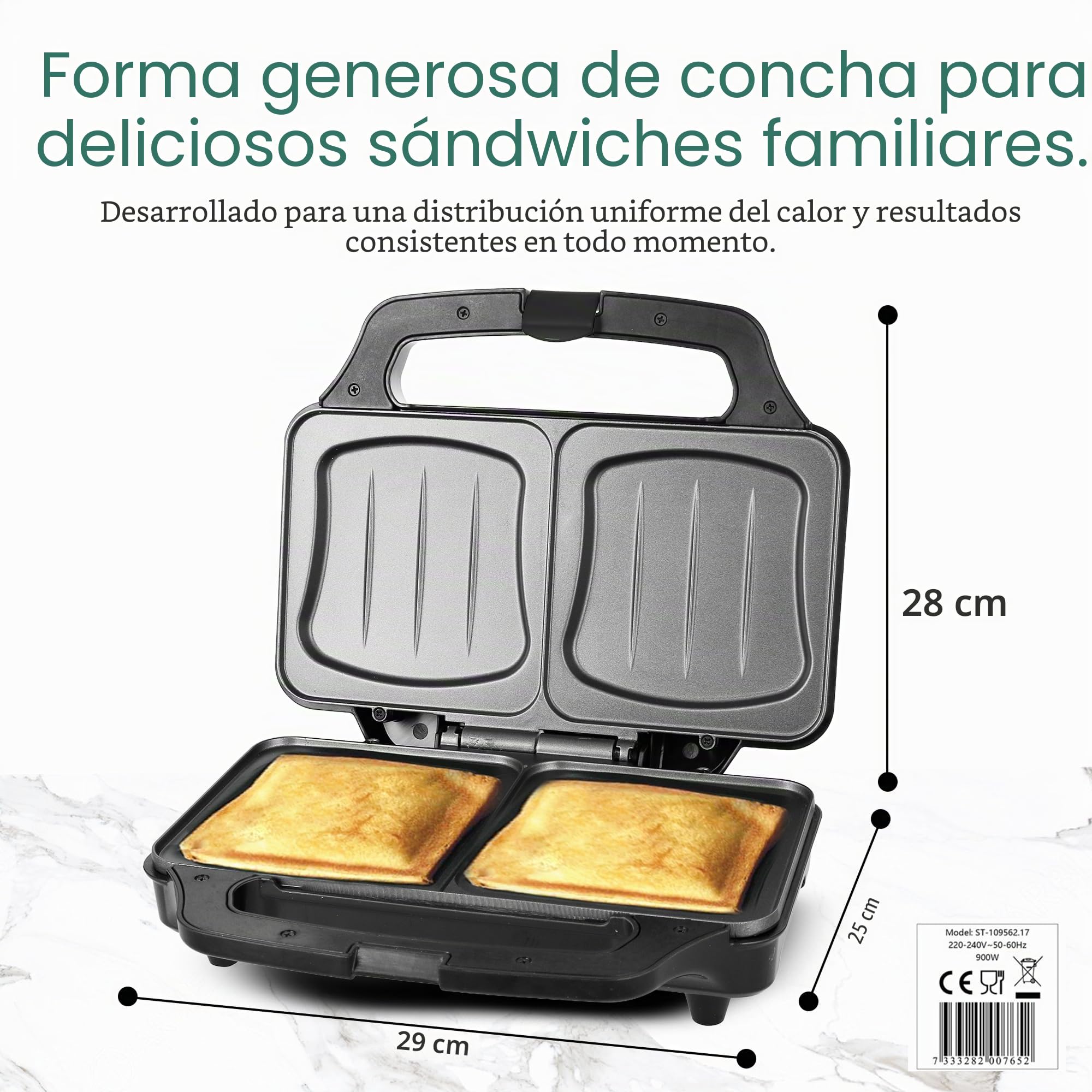 Emerio Sandwichera XXL apta para todos los tamaños de tostadas, sin BPA, forma de concha, fácil de limpiar, queso no gotea, ganador de precios/rendimiento, prueba 03/2019, 900 W