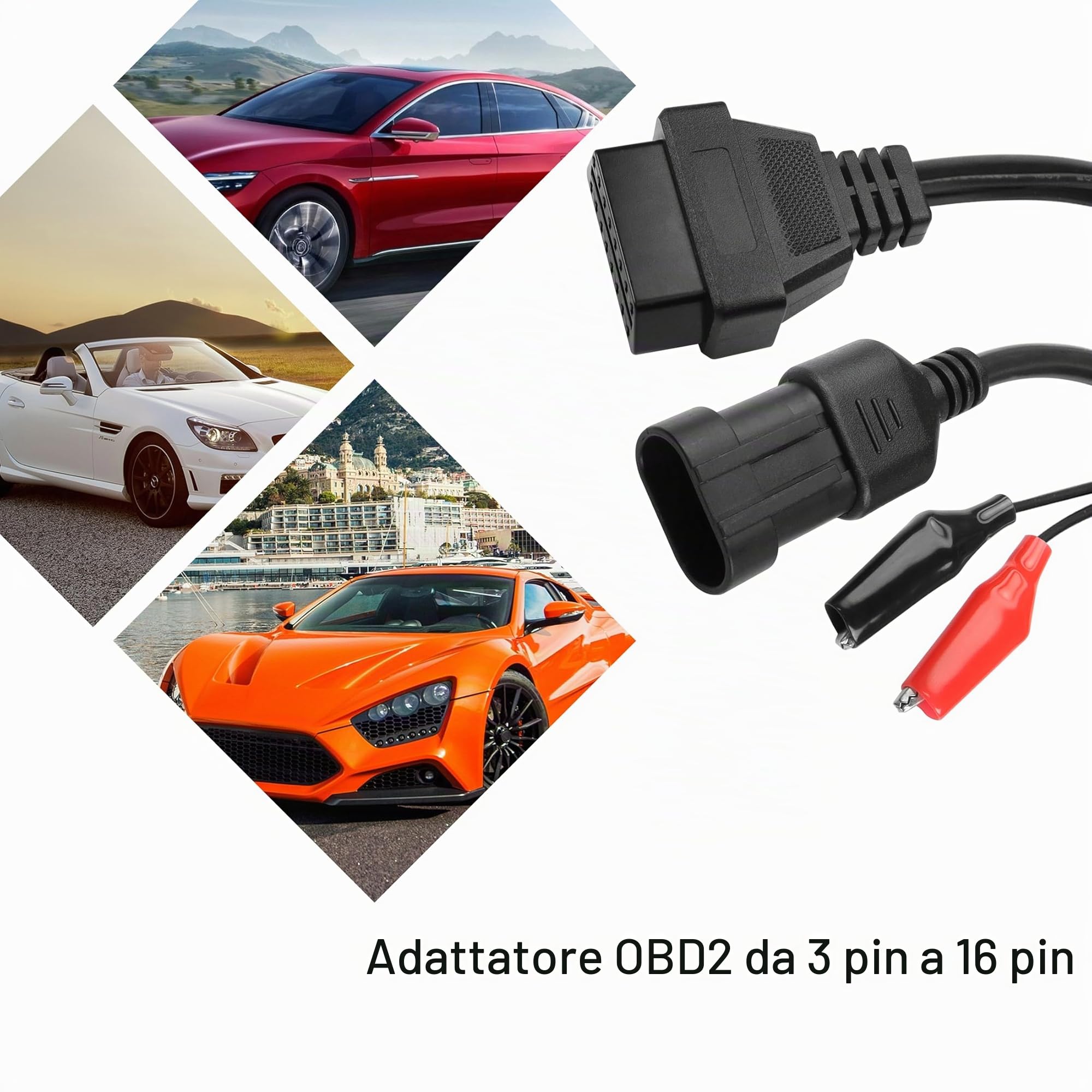YACSEJAO Adattatore da 3 pin a 16 pin OBD2, connettore diagnostico per auto OBD OBDII a 3 pin maschio a 16 pin femmina con clip a coccodrillo per auto Fiat Alfa Romeo Lancia
