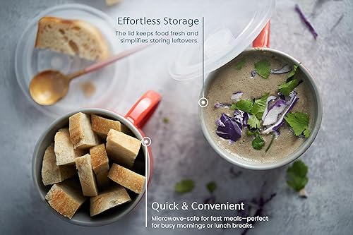 Miniatura 4 de KooK Tazas de sopa, tazas de sopa con tapa, cuenco de sopa para microondas con asas, de cerámica con tapa de plástico, para avena durante la noche