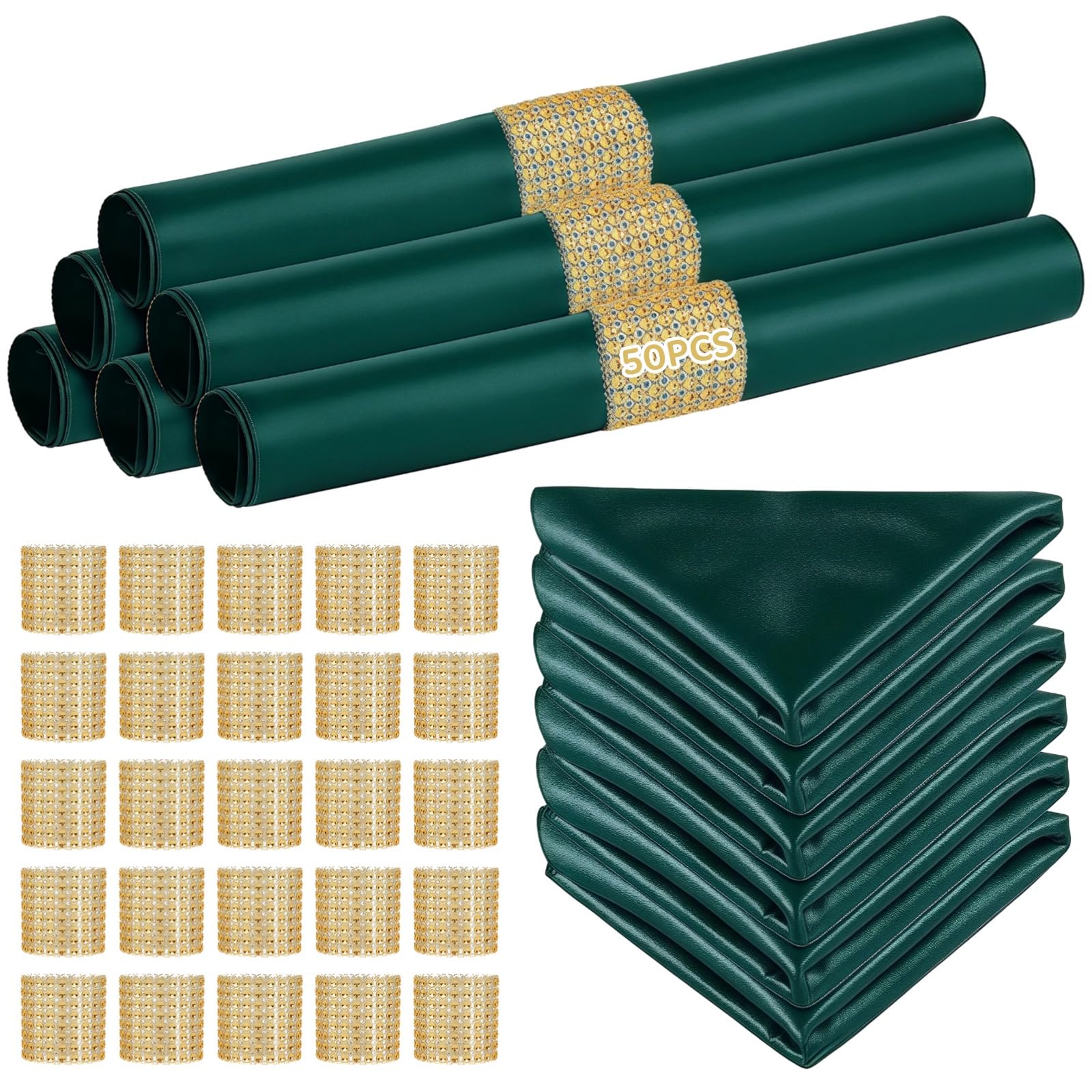 Servilletas de satén verde oscuro cuadradas para eventos con servilleteros de cristal dorados