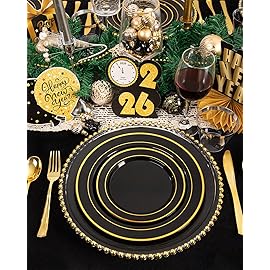 bUCLA 300PCS Black and Gold Disposable Dinnerware Set - 50 Guests Black Plastic Plates with Gold Rim Include 50 Dinner / 50 Dessert Plates, 50 Forks,50 Knives,50 Spoons&50 Cups for Party&New Year