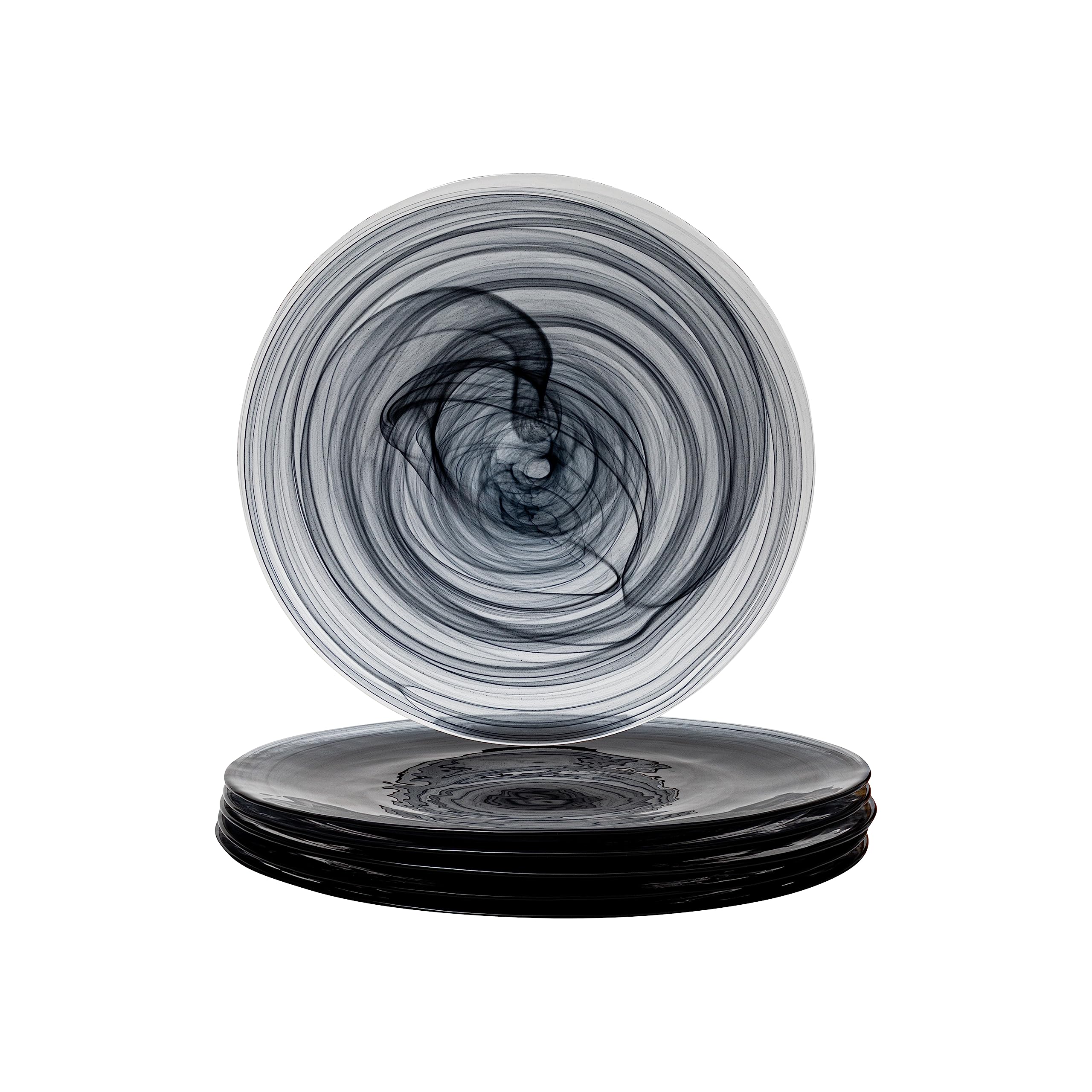 Vikko Dinner Plates, Set of 6 Black Alabaster Plates, 11" Plate with Marbelized, Swirl Design, Elegant Glass Plate, Dishwasher Safe