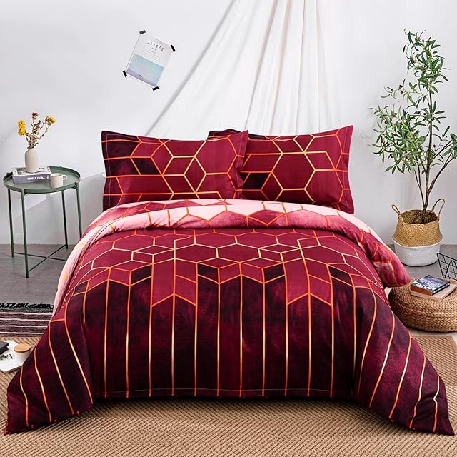 Red Geometric Duvet Cover Golden Stripes Duvet Cover Set, Reversible Lightweight Bedding Sets 3pcs with Zipper Closure (Double, 200x200cm)