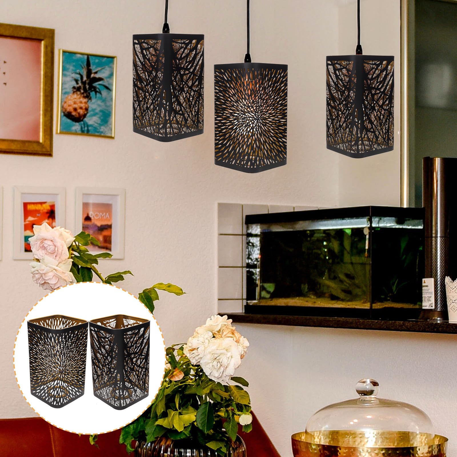 UKCOCO Pantalla de Lámpara Metálica E27 Cuadrada Negra y Dorada 2 Piezas Diseño Hueco Tallado Patrón de Bosque y para Lámparas de Mesa y Escritorio Decoración Interior